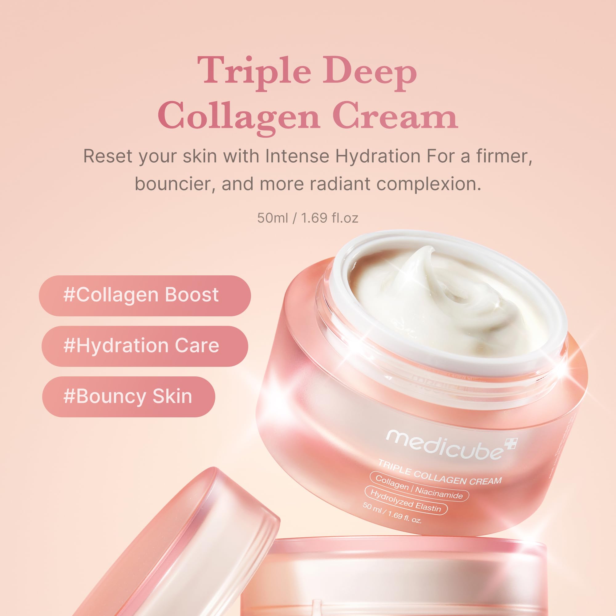 Medicube Triple Collagen Cream moisturizer jar showing the firming and hydrating skincare product for improved skin elasticity.