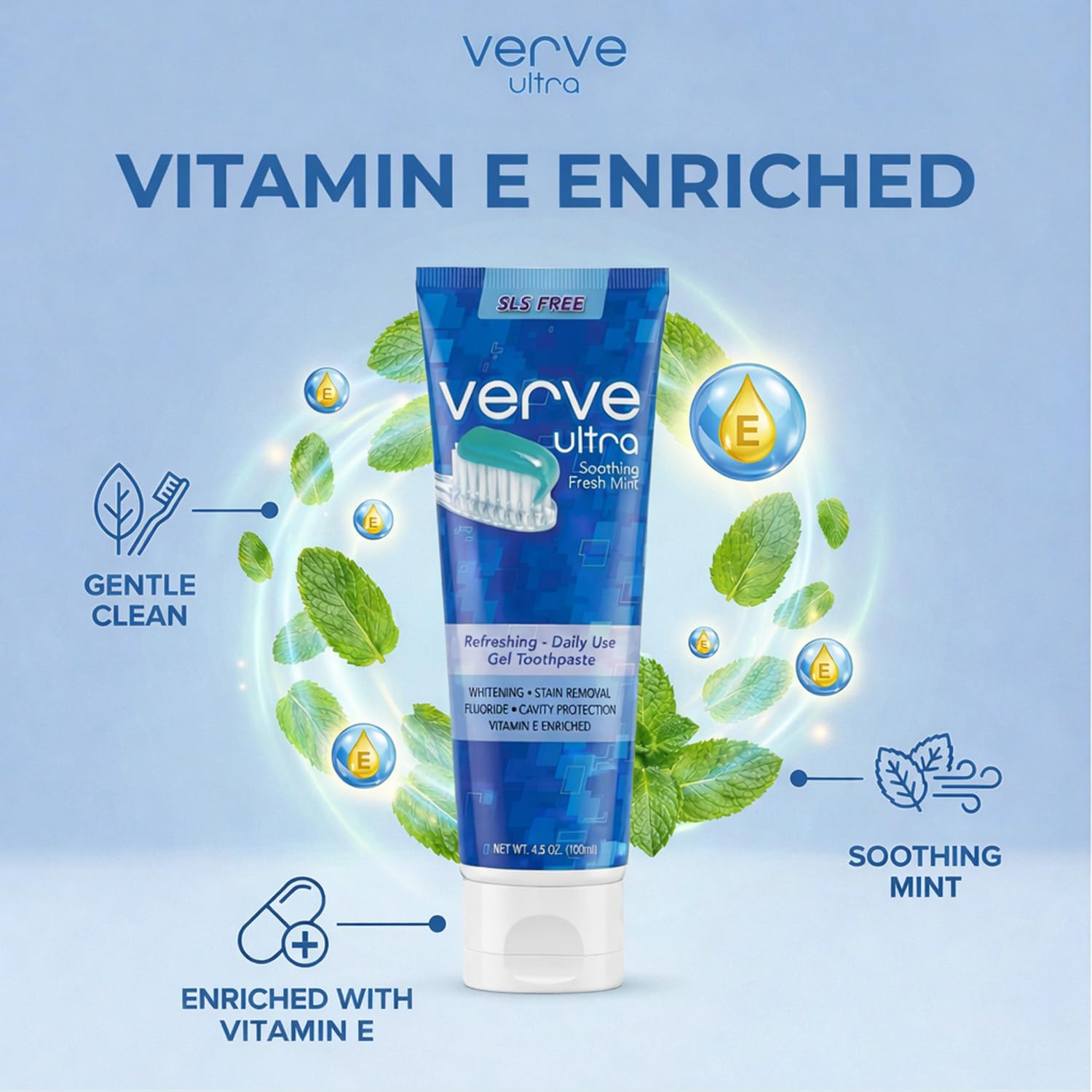 Verve Ultra SLS-Free Toothpaste with Fluoride Fresh Mint, SLS Free Toothpaste for Daily Use, Vitamin-E Enriched, Cruelty Free Cavity Protection, Made in USA, 4.5 oz