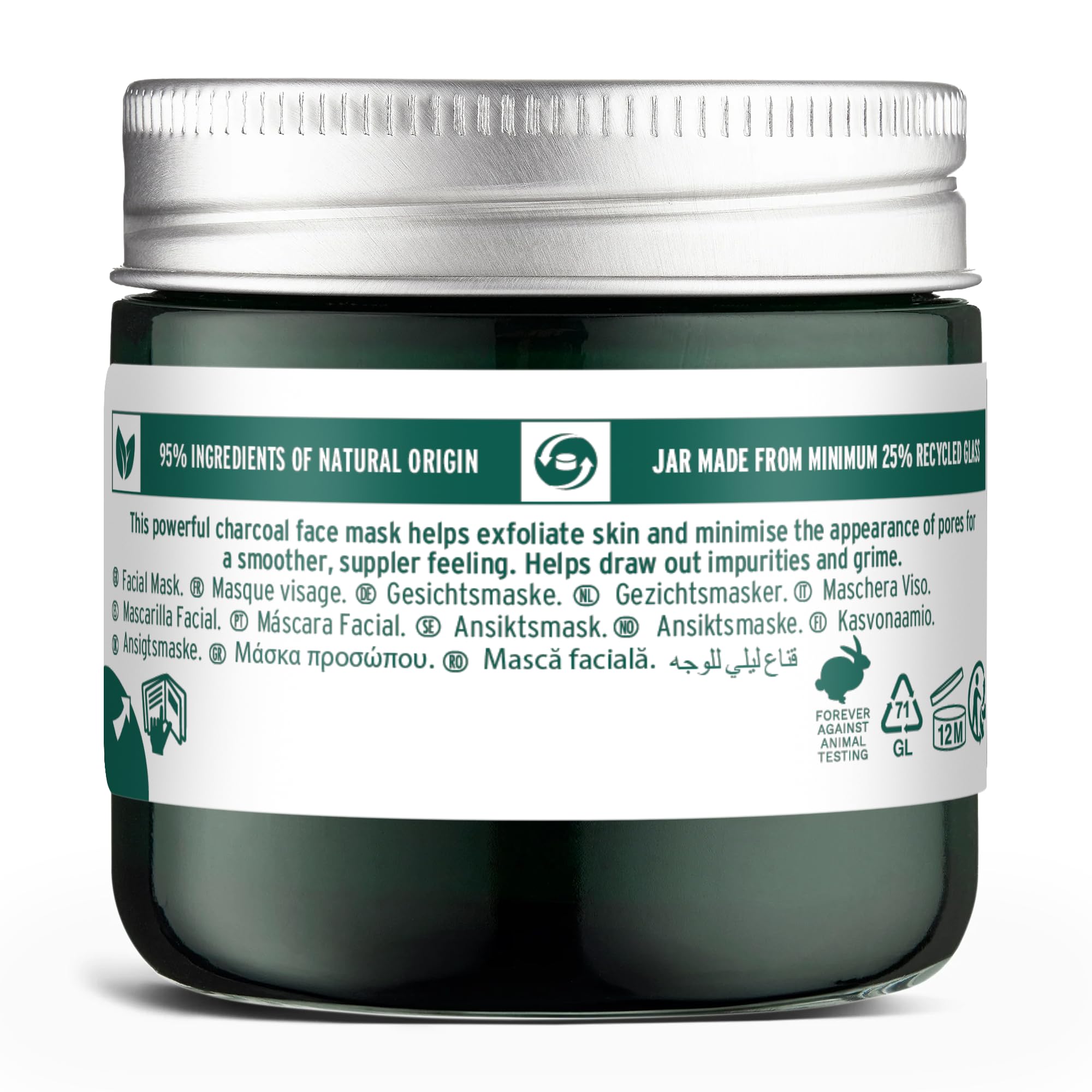 The Body Shop Charcoal Pore-Minimizing Clay Mask in a 75ml jar, featuring black clay and applicator brush for deep pore cleansing.