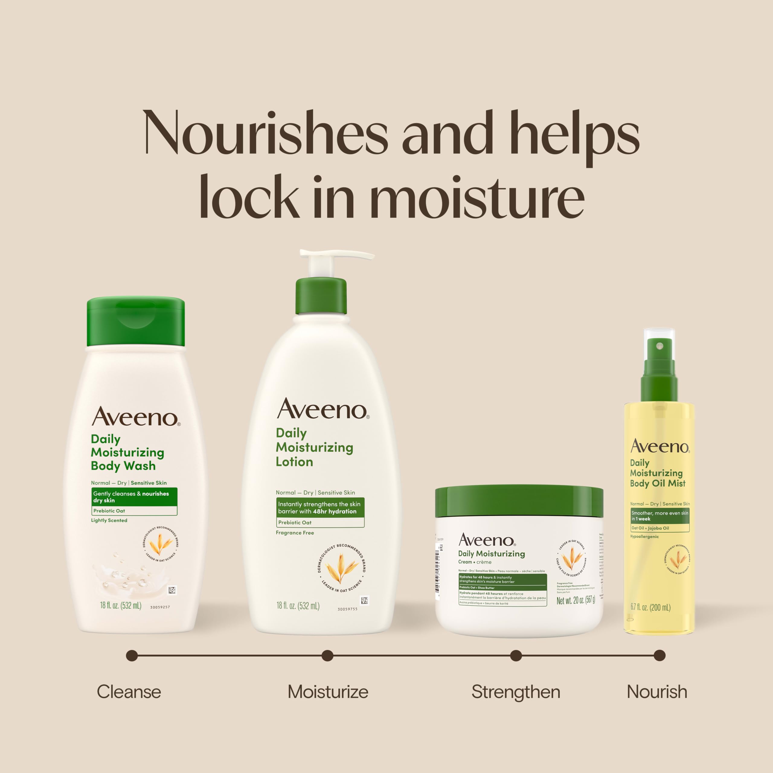 Aveeno Daily Moisturizing Body Wash with prebiotic oat, 18 fl oz, in a two-pack, showing the clear bottle and label.