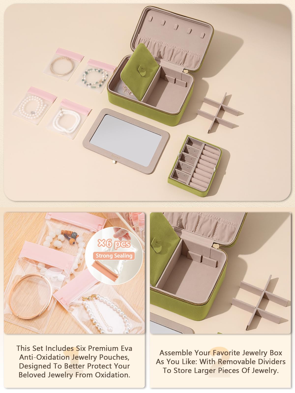 Lumayina Velvet Travel Jewelry Organizer Case with Large Mirror for Women – close-up detail