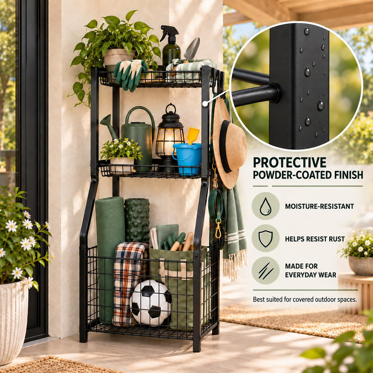 YueTong Garage Sports Organizer with Ball Rack, Bat Holder and 4 Hooks – back view and specifications