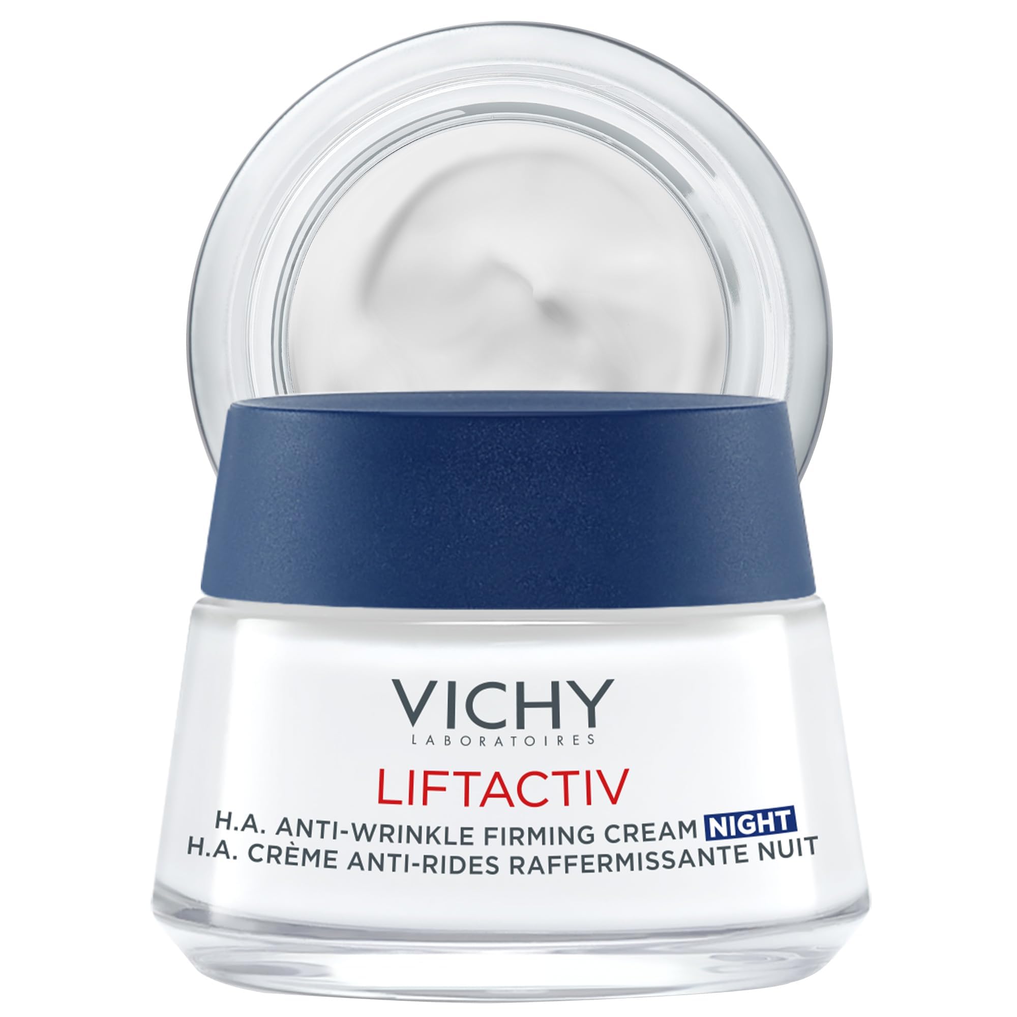 Vichy LiftActiv Supreme anti-aging night cream in 1.69oz jar, moisturizing skincare product with smooth, creamy texture.