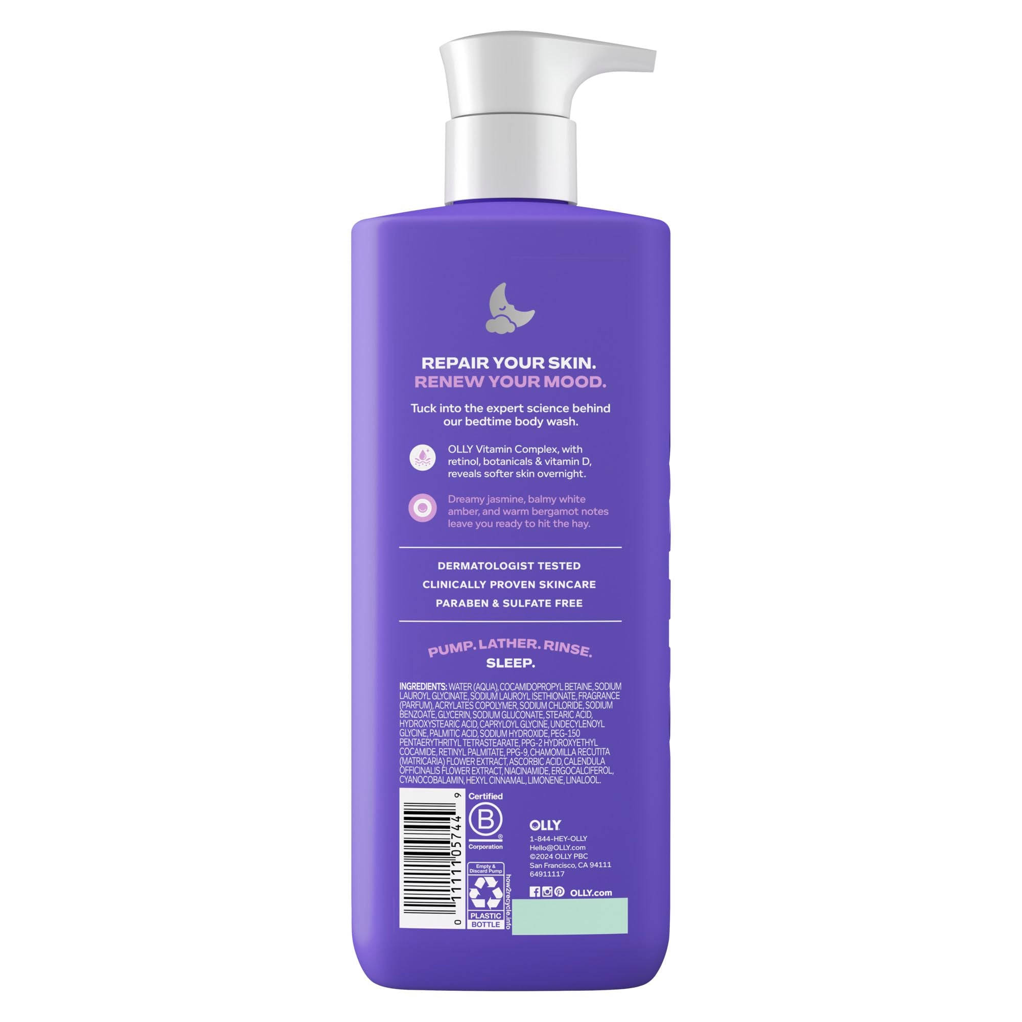 OLLY Renew body wash with vitamin D, retinol, and botanicals in a 17oz bottle, skin cleaning agent with nourishing ingredients.