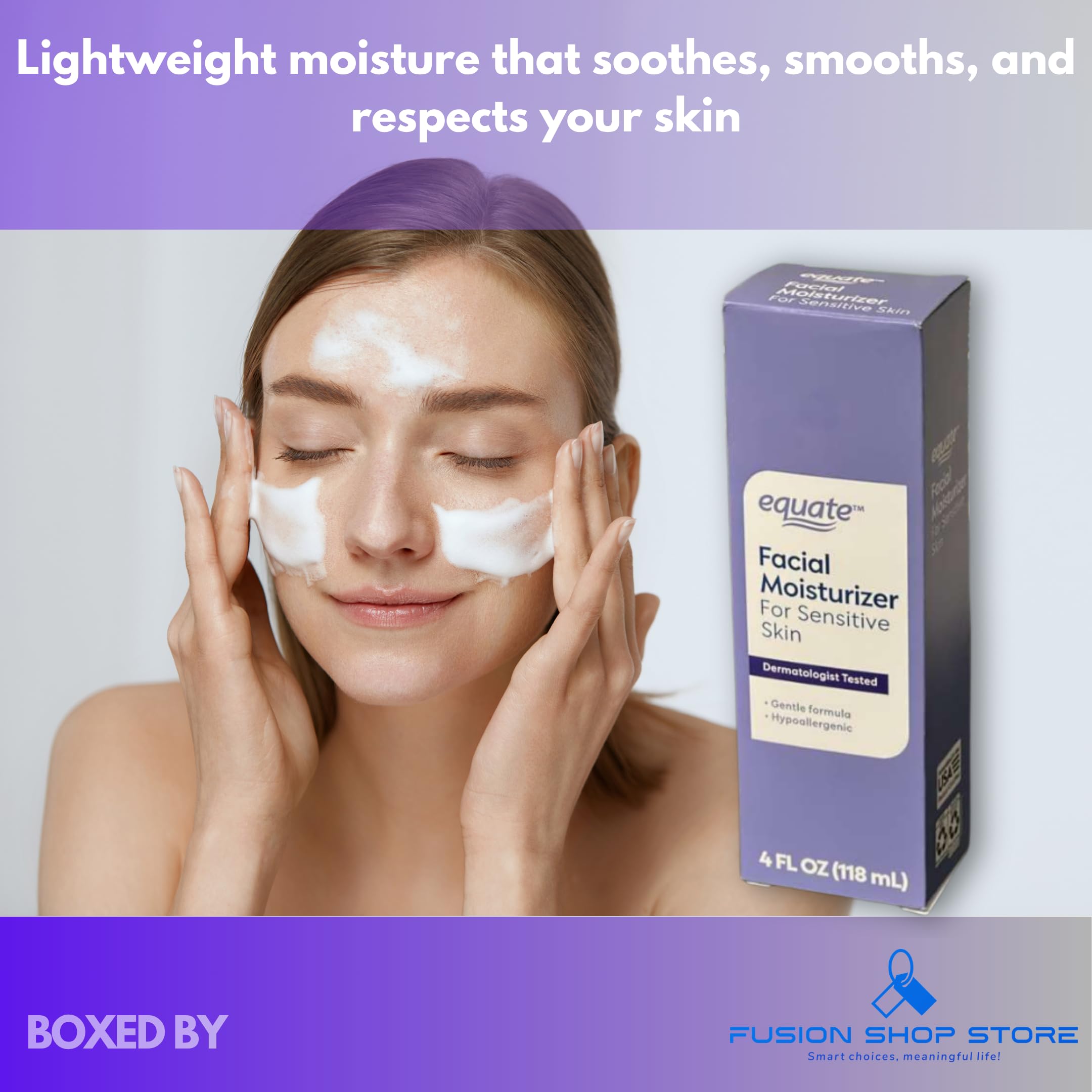 Fusion Shop Store fragrance-free beauty oil-free moisturizer for sensitive face skin, 4 fl oz, in boxed packaging.
