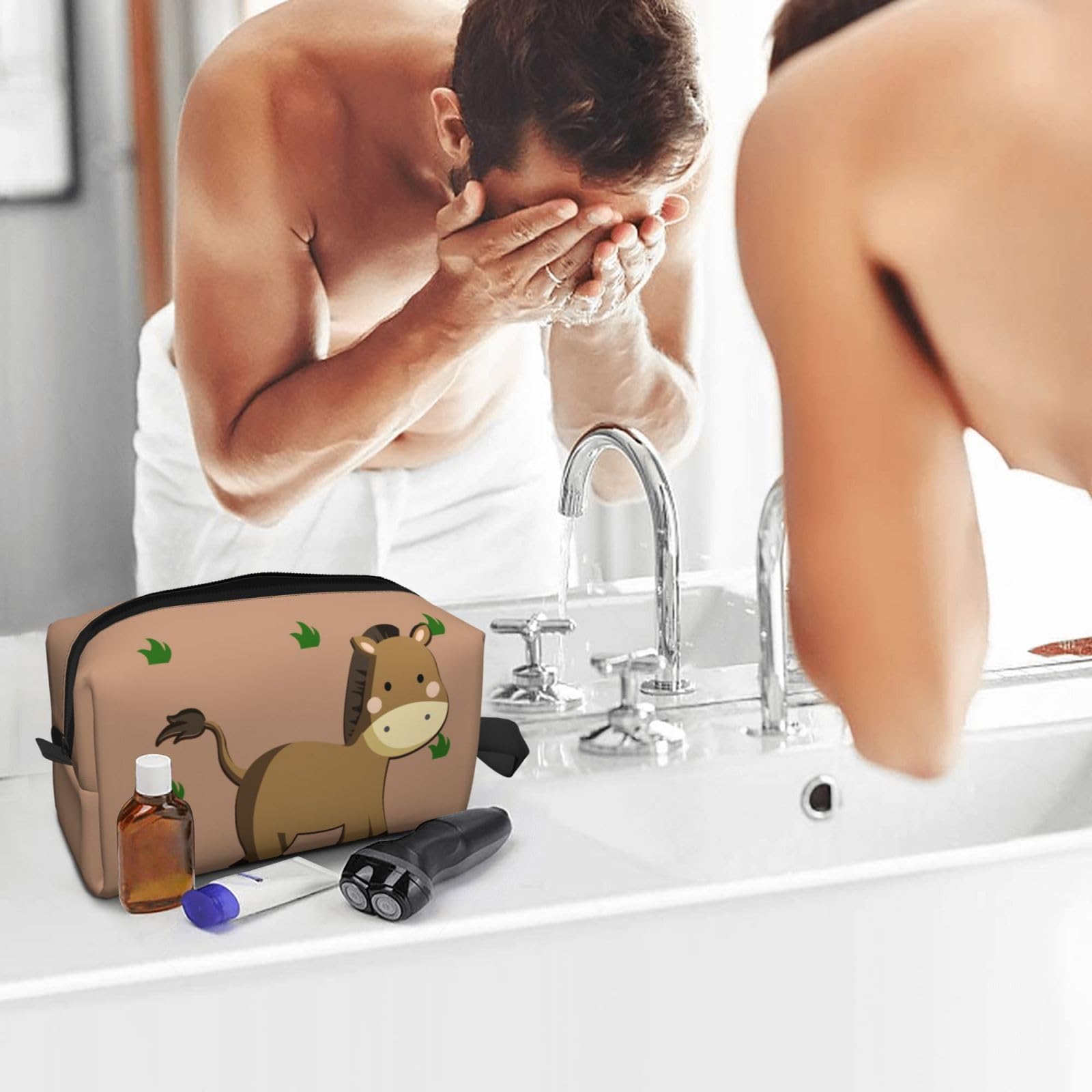 Large capacity cartoon donkey travel toiletry bag by SXZVVBN, featuring multiple compartments and a playful donkey design.