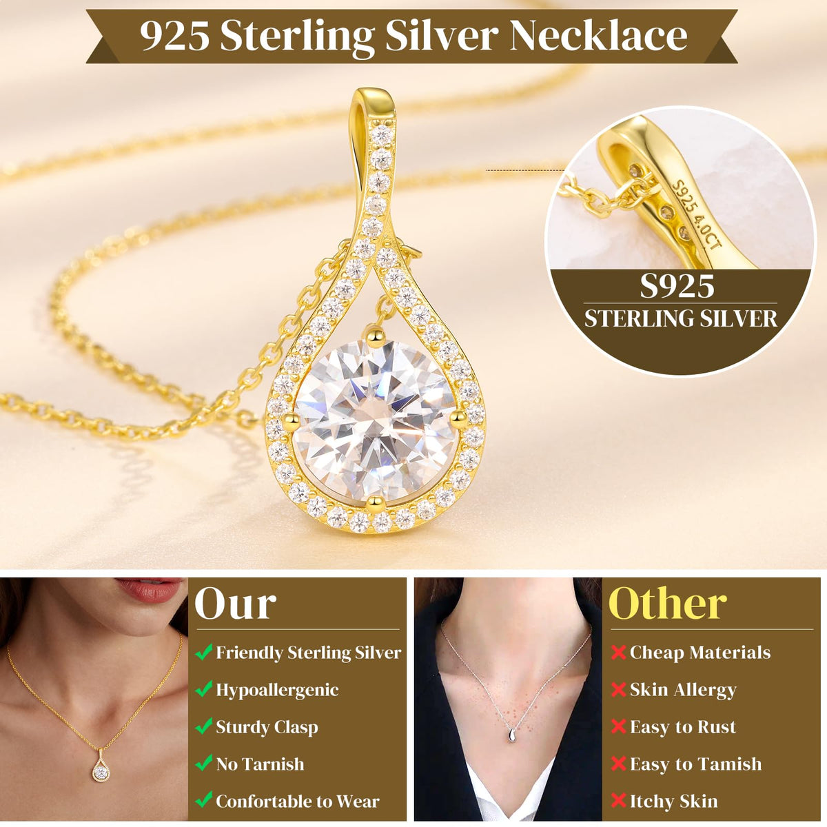 E-EMERMAKING Moissanite Necklace Gift for Women, 925 Sterling Silver 18K White/Yellow Gold Vermeil 0.5-6.0CT Moissanite 