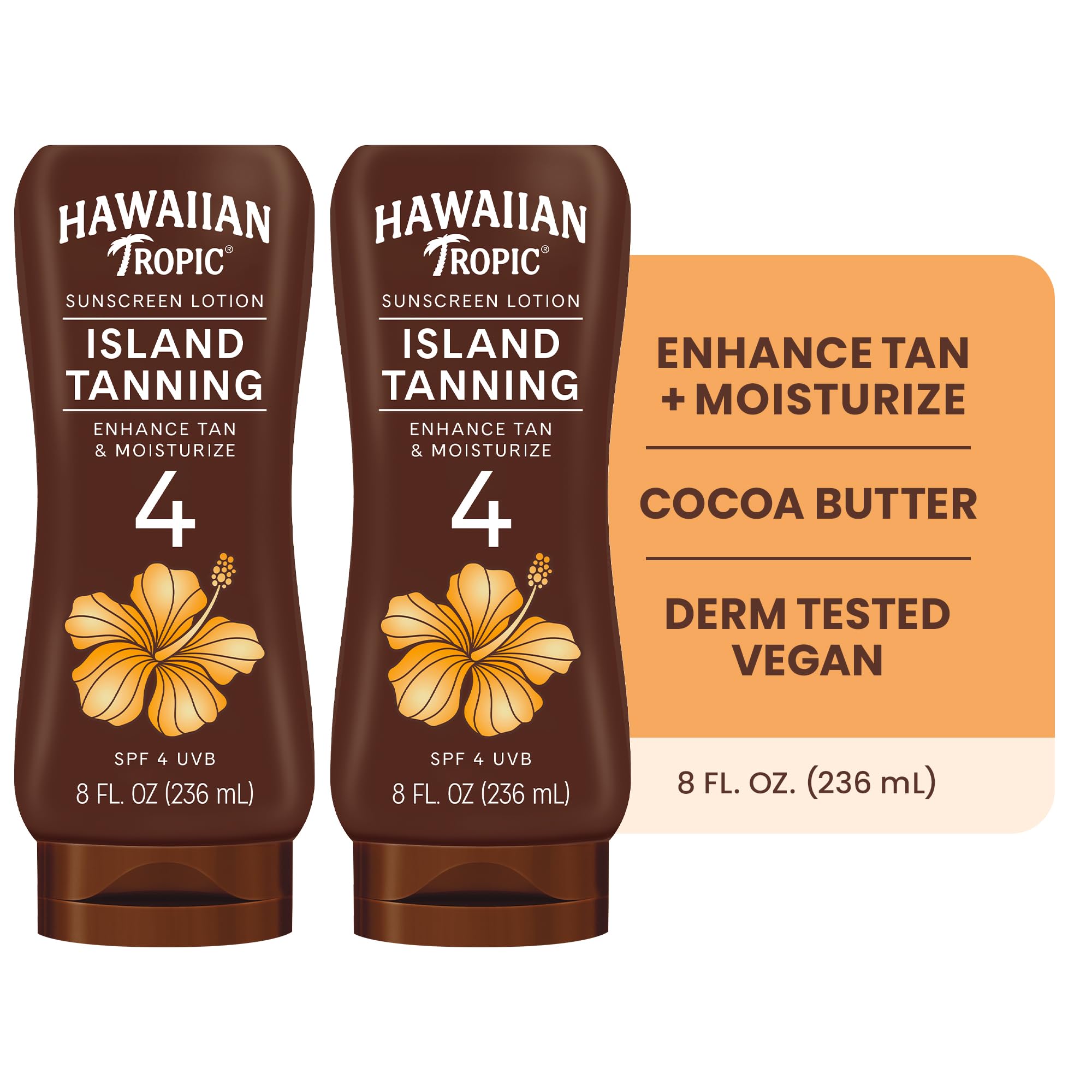 Two bottles of Hawaiian Tropic Island Tanning Lotion SPF 4, self-tanner, 8 fl oz each, displayed side by side.