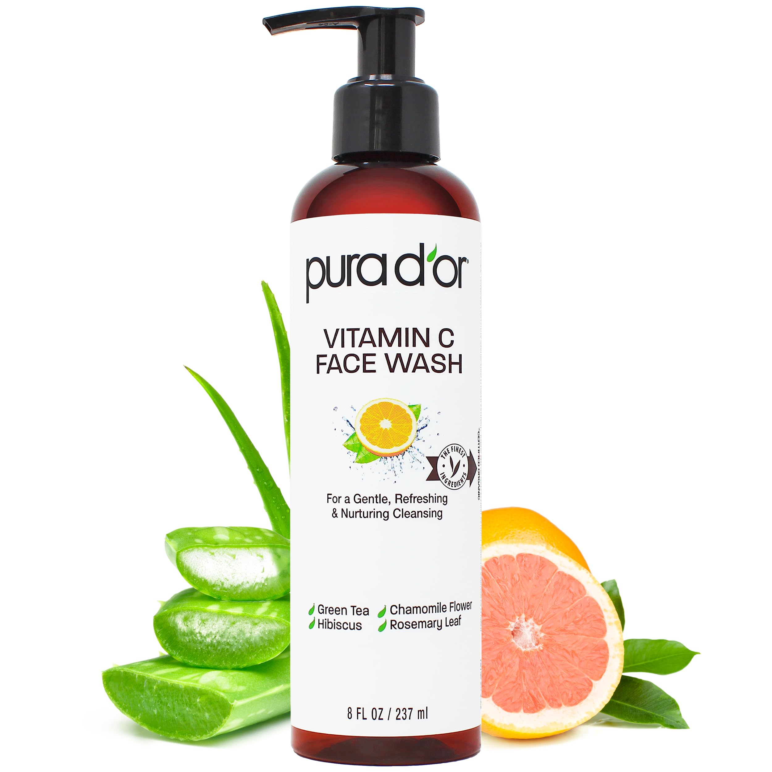 PURA D'OR Vitamin C face wash bottle, gentle daily facial cleanser for skin cleaning and brightening.