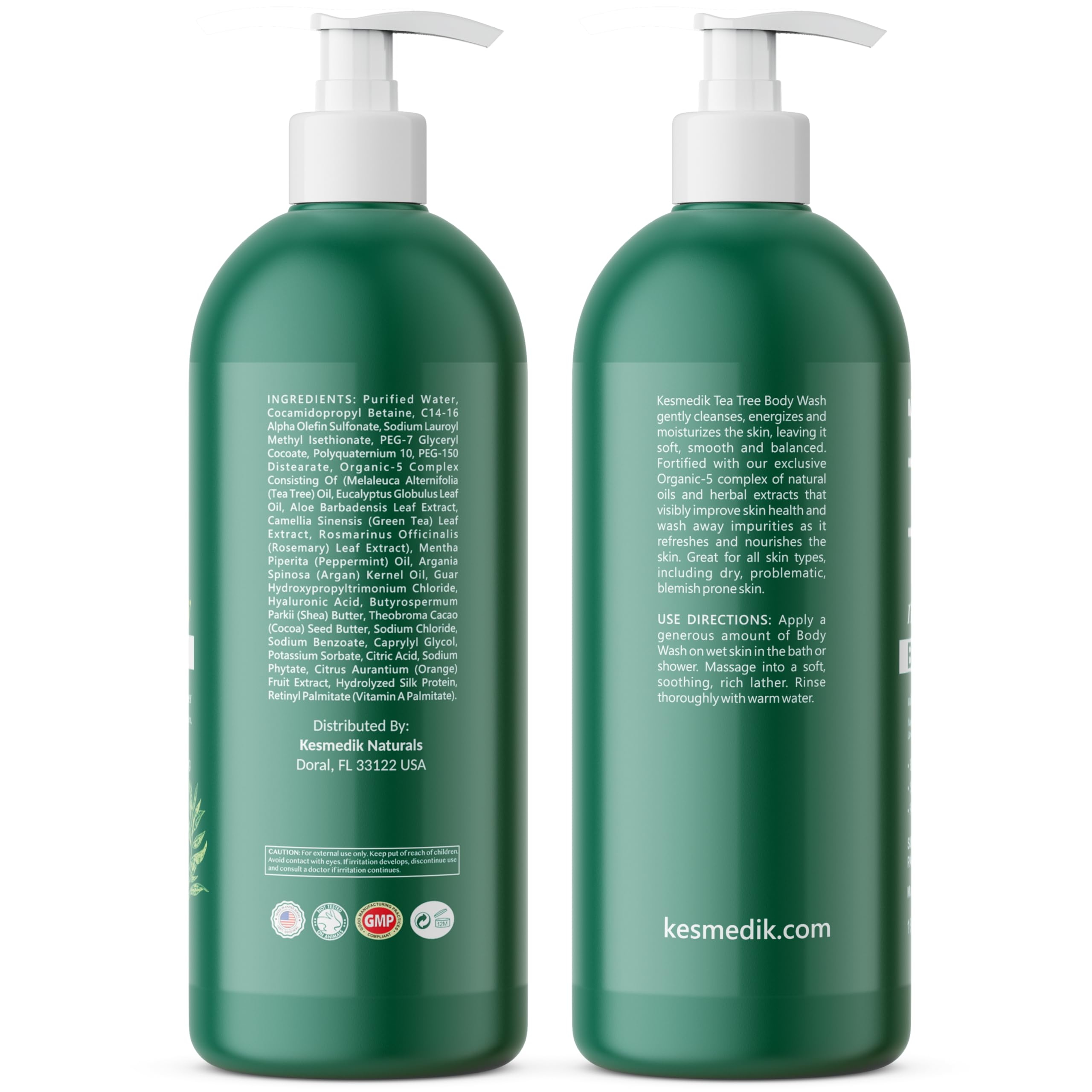 KESMEDIK Tea Tree Body Wash with 100% Tea Tree Oil, 16 oz bottle, showing the product bottle and label.