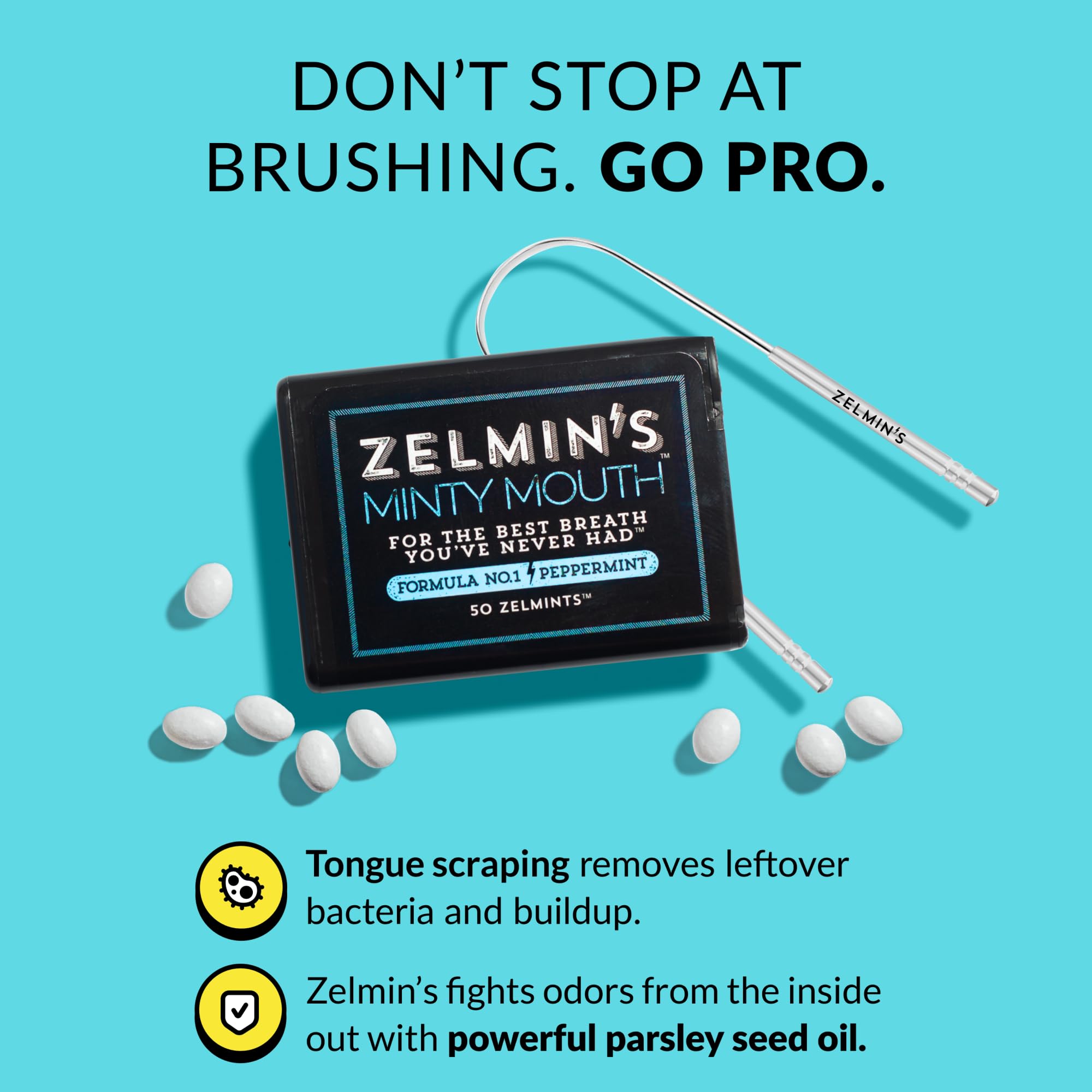 Zelmin's tongue scraper and breath freshening kit with natural tools for oral hygiene and fresh breath.