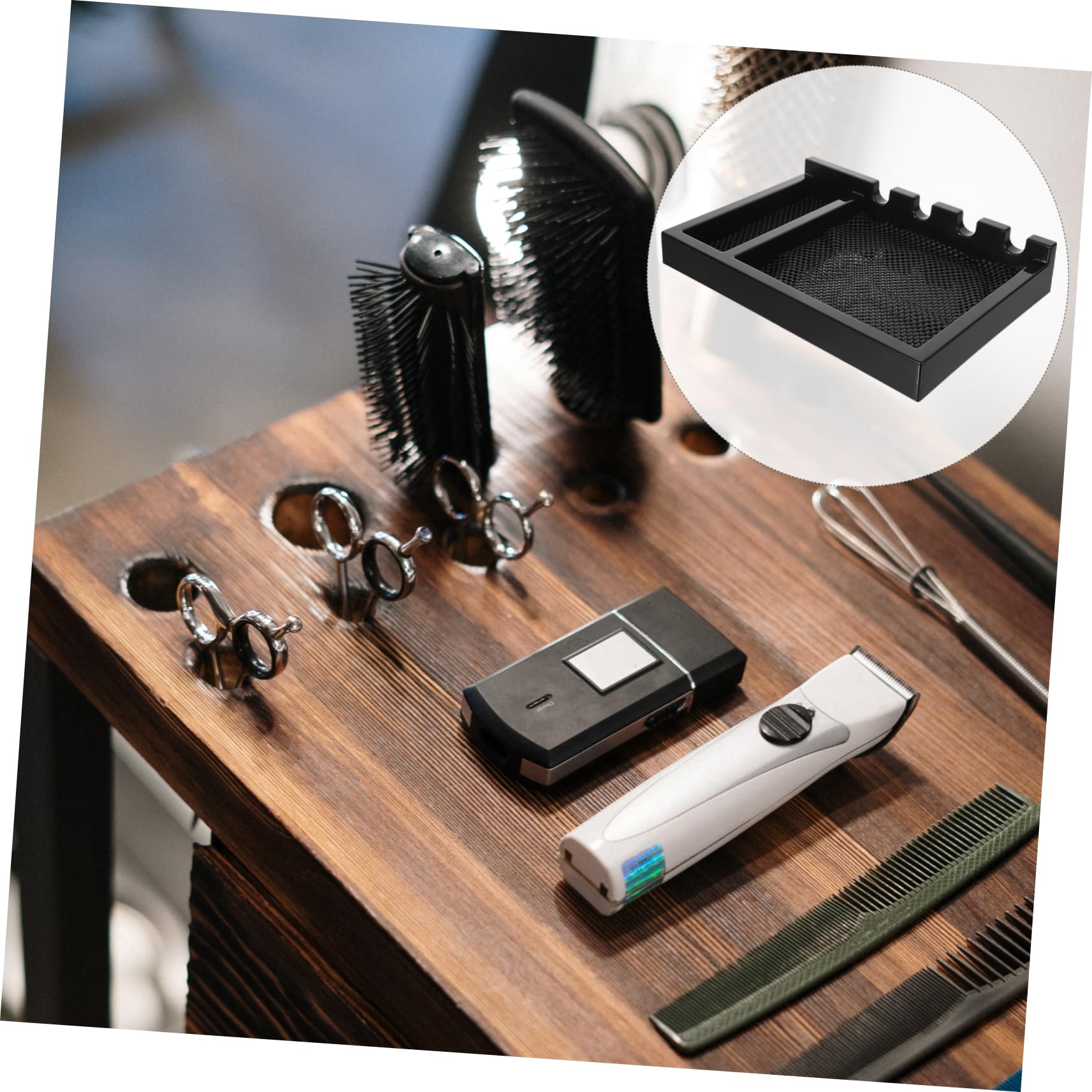 OSOLADY barber station organizer holding hair trimmers and hair clippers in a salon setting, space-saving design for hairdressers and barbershops.