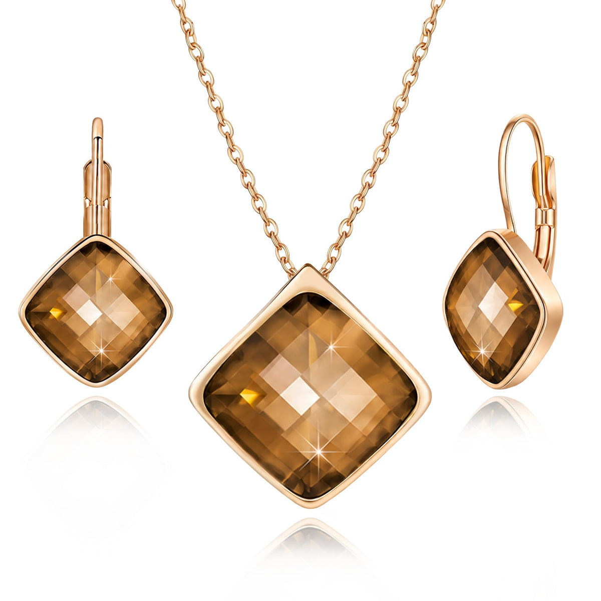 EVEVIC Austrian Crystal Square Pendant Necklace and Earrings Set for Women – product photo (Jewelry Sets)