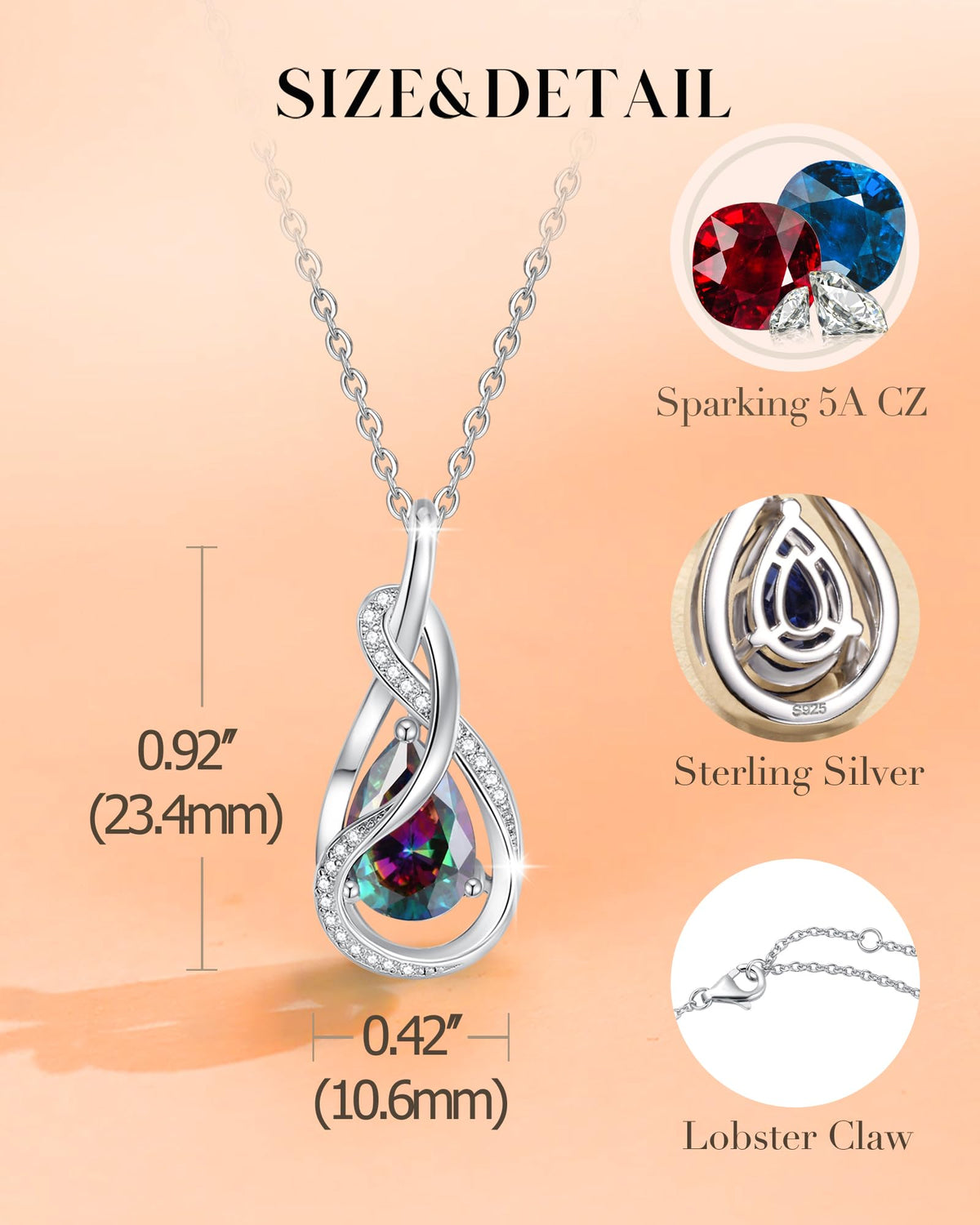 FANCIME TimelessTie Birthstone Necklace Ribbon Design Pendant For Women – full view, size Medium