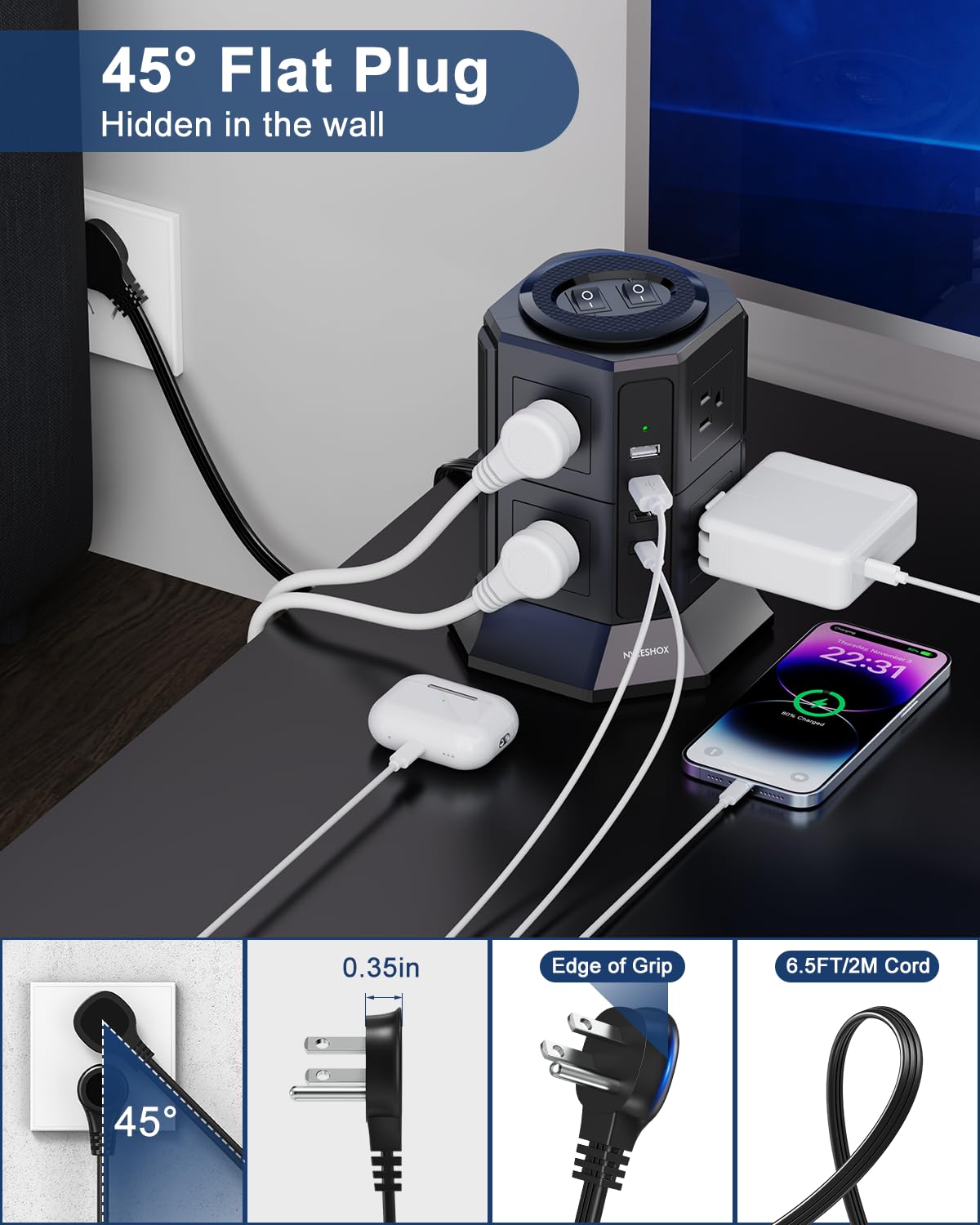 NVEESHOX Surge Protector Power Strip Tower, Flat Plug Power Strip with 8 AC Outlets 4 USB Ports(20W PD Type C), 6.5 FT U