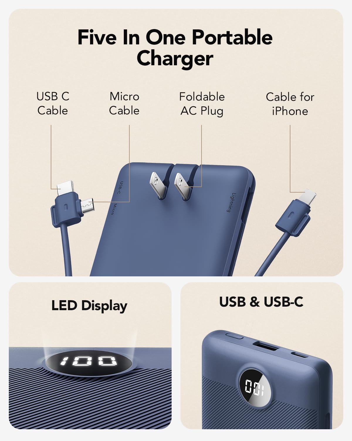 VRURC Portable Charger Built-in Cables and AC Wall Plug, USB C Power Bank 10000mAh, Travel Battery Portable Phone Charge