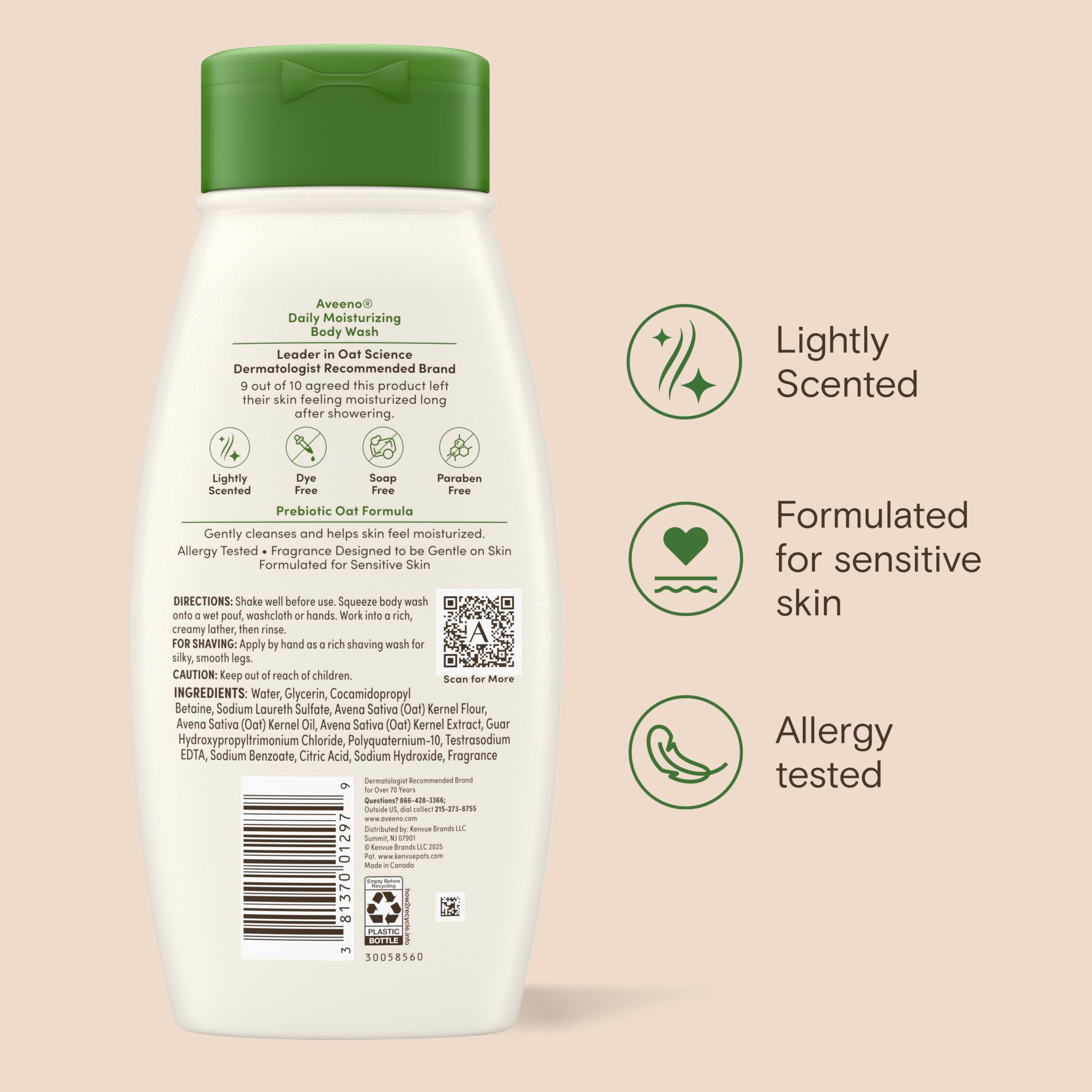 Aveeno Daily Moisturizing Body Wash with prebiotic oat in a two-pack, skin cleaning agent for gentle, nourishing cleansing.