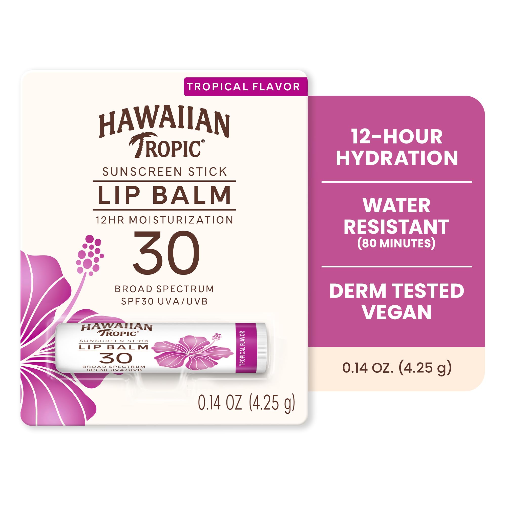 Hawaiian Tropic Tropical Sunscreen Lip Balm SPF 30, 0.14 Oz (Pack of 10)