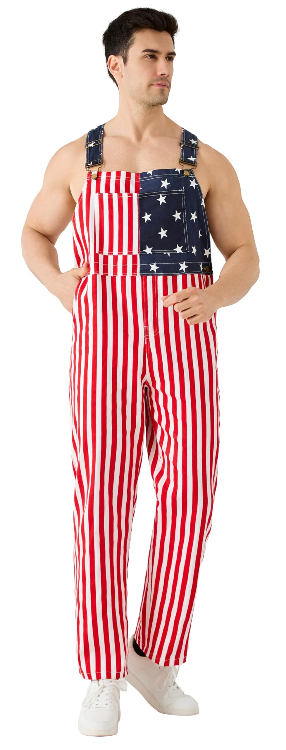 Maxim Party Supplies American Flag Overalls for Men, USA Stars & Stripes Bib Jumpsuit, 5 Pockets – Red, White & Blue, Po