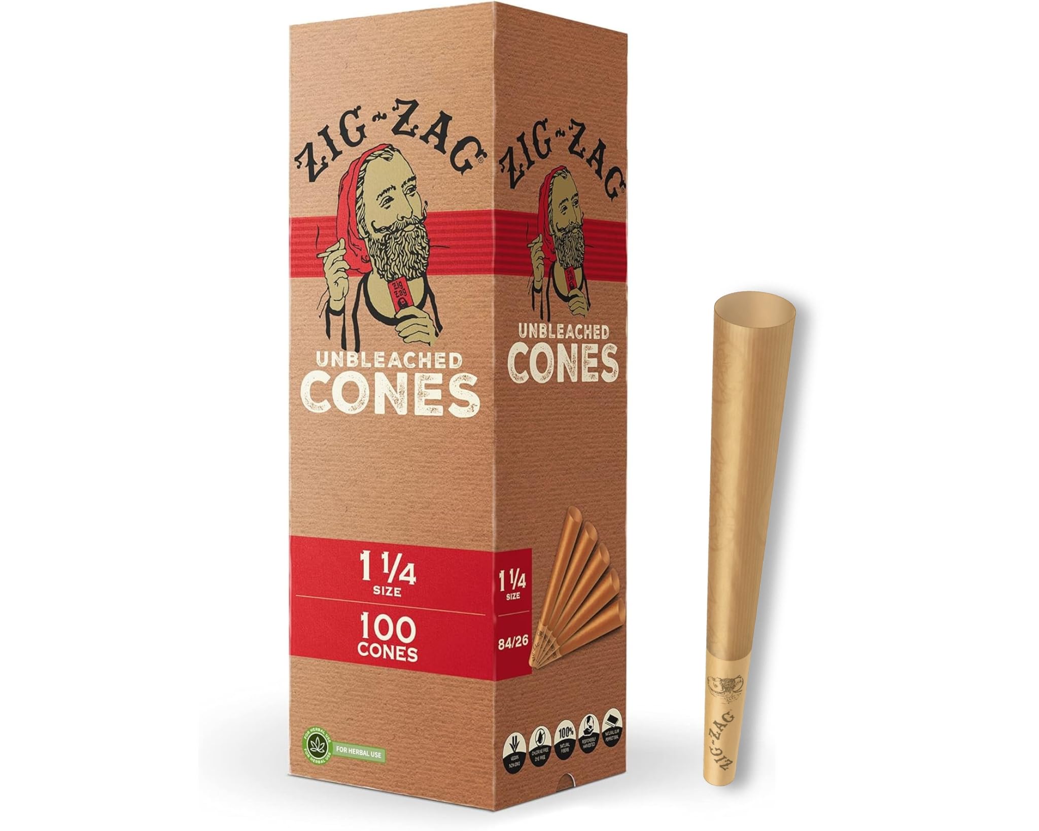 ZIG-ZAG Pre Rolled Cones 1 1/4 Size Unbleached 100 Pack - Product Imagery