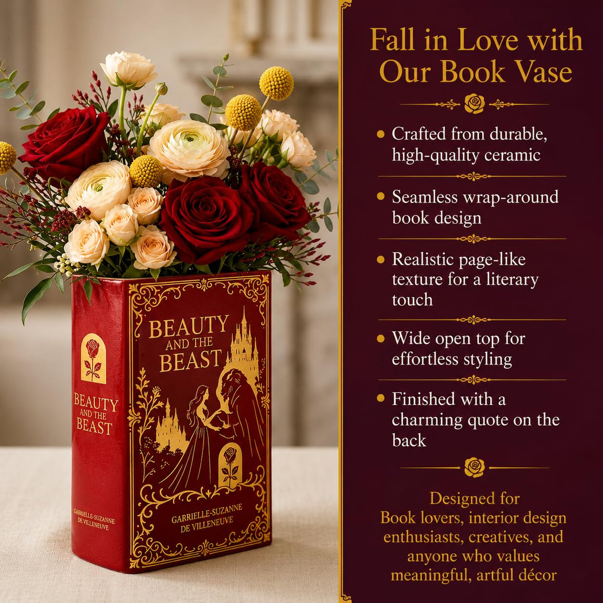 ASVP Shop Beauty and the Beast Inspired Book-Shaped Ceramic Vase – Decorative Floral Vase for Home & Bookshelf Décor, Un
