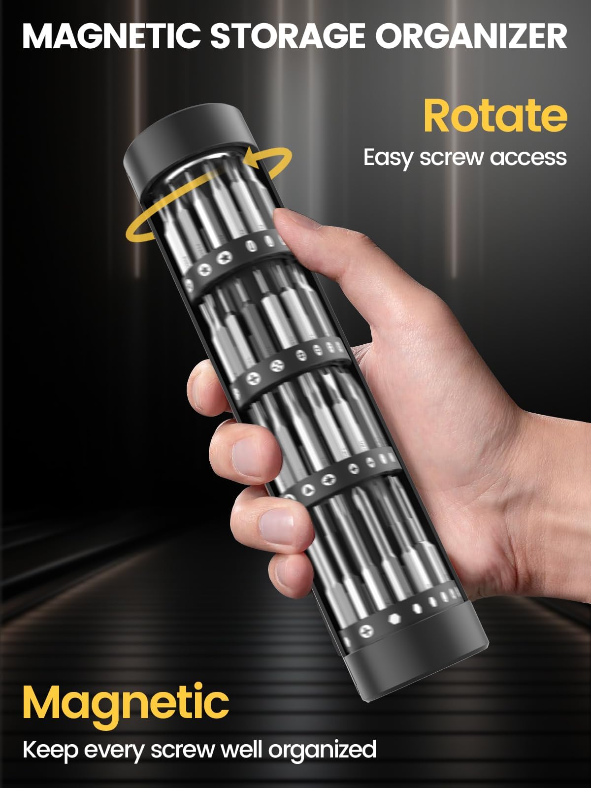 Sowkos Mini Electric Screwdriver Set, 60 Precision Bits, 4 Torque Settings – back view and specifications