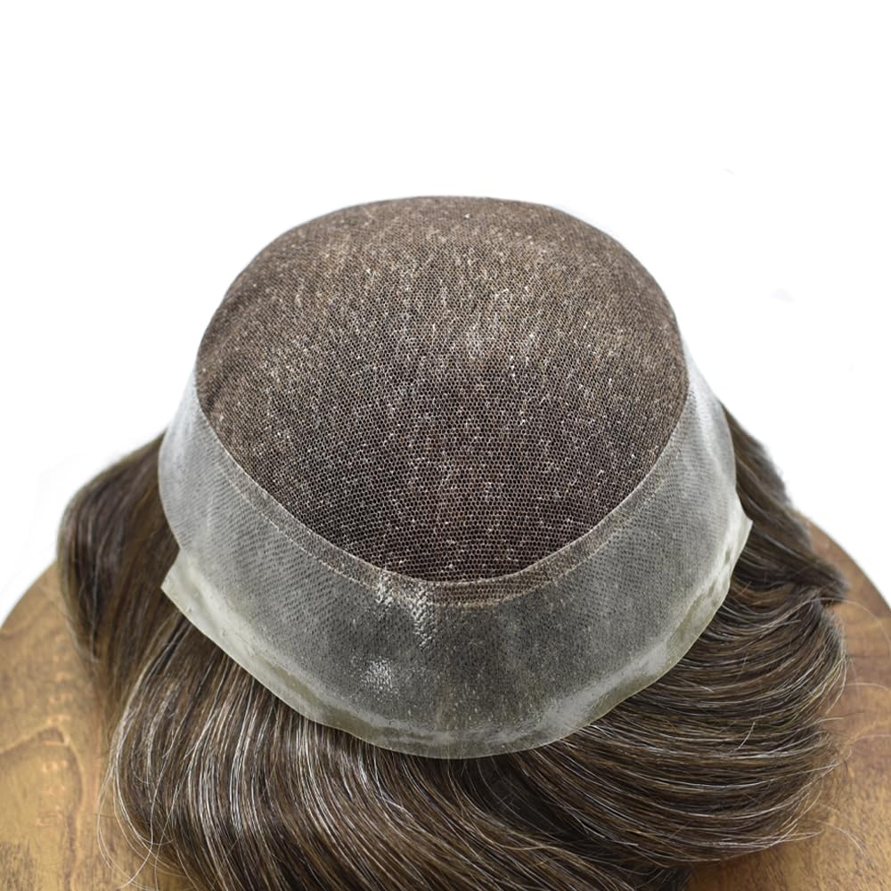 Singa Hair men's toupee wig with natural hairline, light-medium brown and grey human hair, Swiss lace cap, 6x9 inch size.