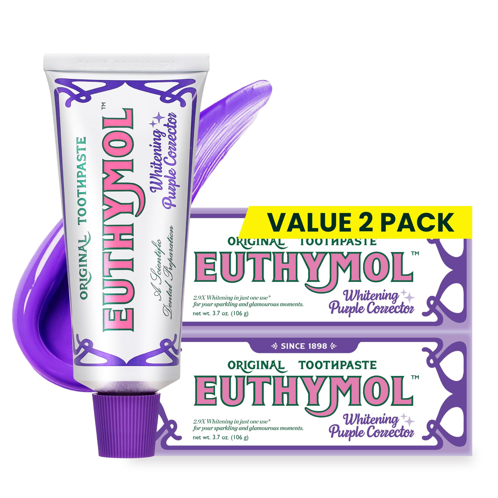 Euthymol Purple Whitening Toothpaste 3.7 fl oz, two-pack, natural tooth cleaning agent with instant tone-up for brighter smile