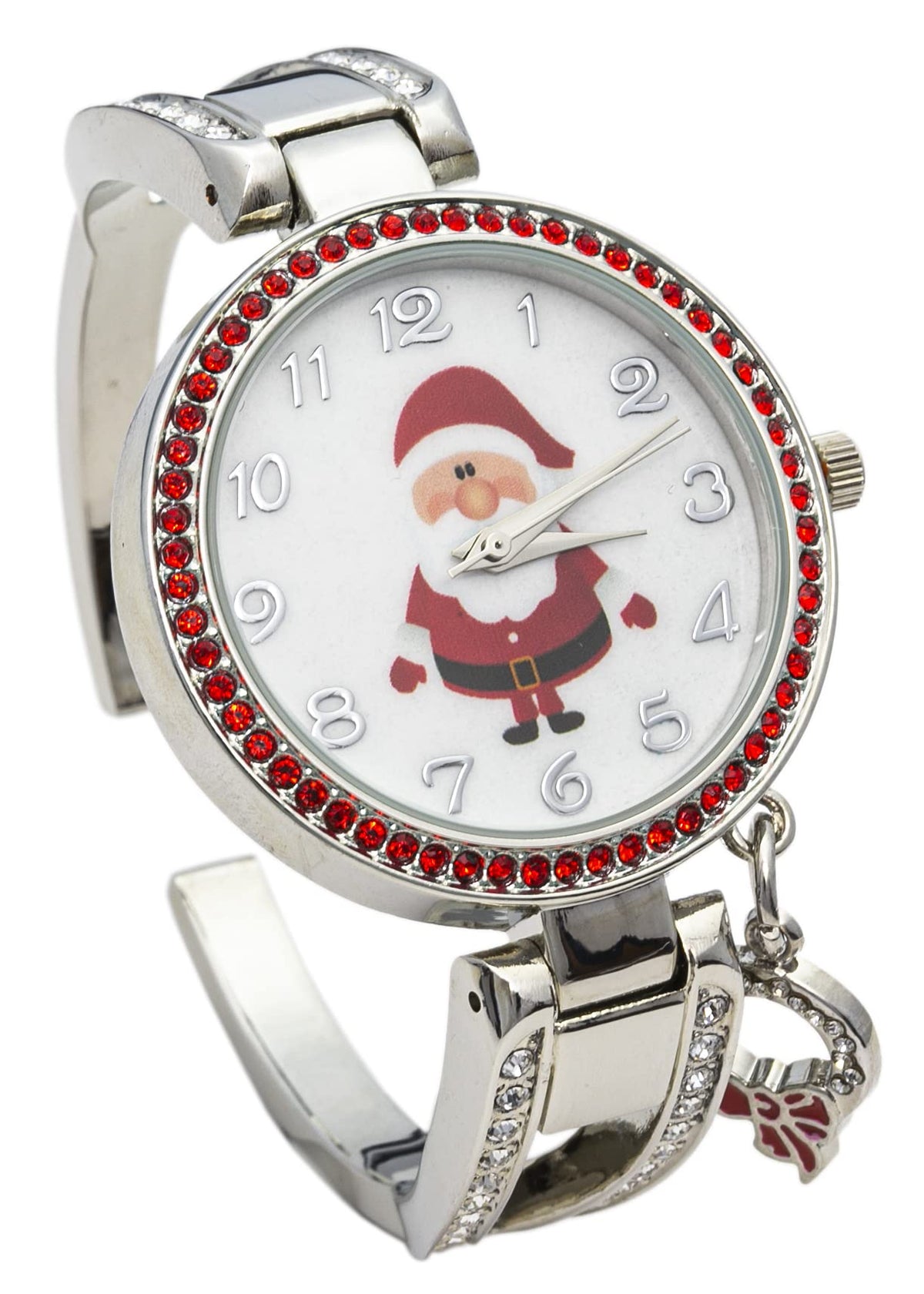 Blekon Collections Women's 34mm Case Rhinestone Dial Metal Cuff Bangle Watch – close-up detail in Silver