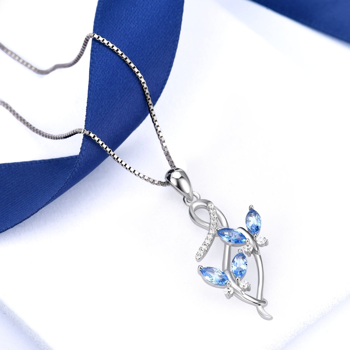 AOBOCO Sterling Silver Infinity Butterfly Pendant Necklace with Simulated Aquamarine Blue Crystals, Anniversary Birthday
