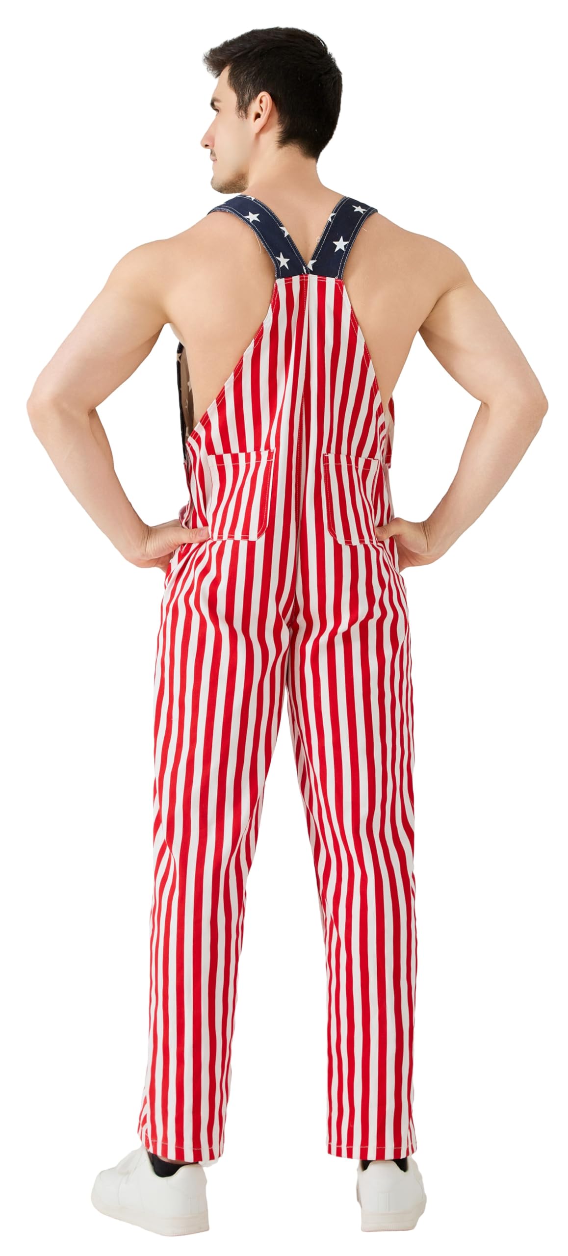 Maxim Party Supplies American Flag Overalls for Men, USA Stars & Stripes Bib Jumpsuit, 5 Pockets – packaging and label
