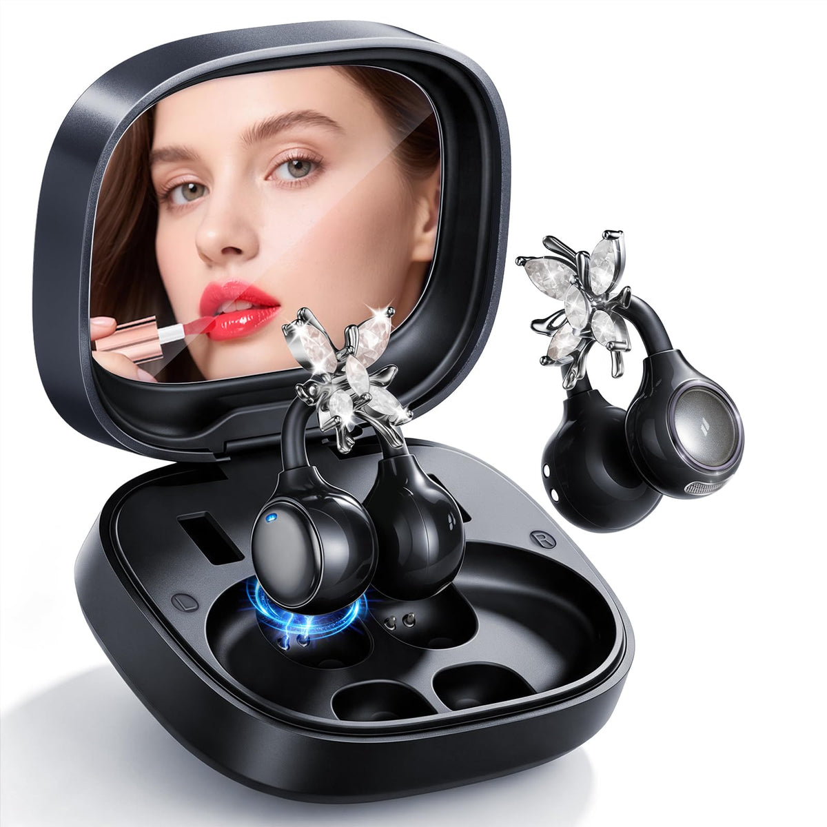 CHENRUIDA Clip On Earbuds Wireless Earring-in Case with Mirror(Black) – Black