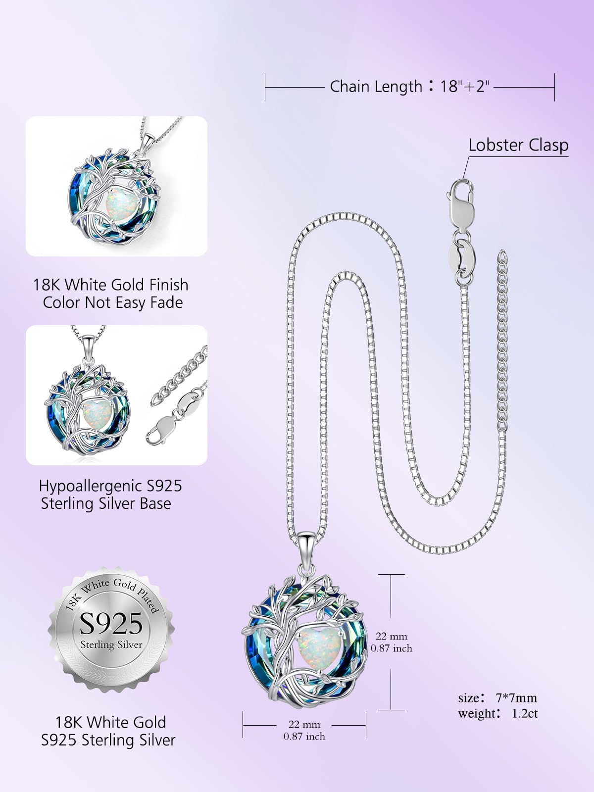 TOUPOP Tree of Life Birthstone Necklace Sterling Silver Pendant Birthstone Necklaces with Blue Crystal Anniversary Birth