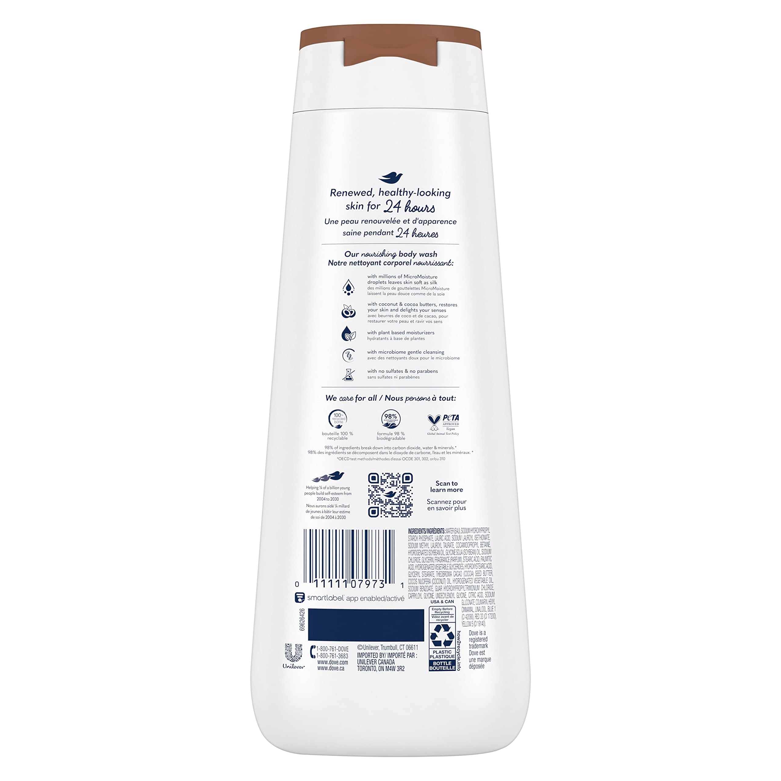 Dove Restoring Coconut & Cocoa Butter Body Wash four-pack, skin cleansing agent with nourishing ingredients, visible bottles on a shelf