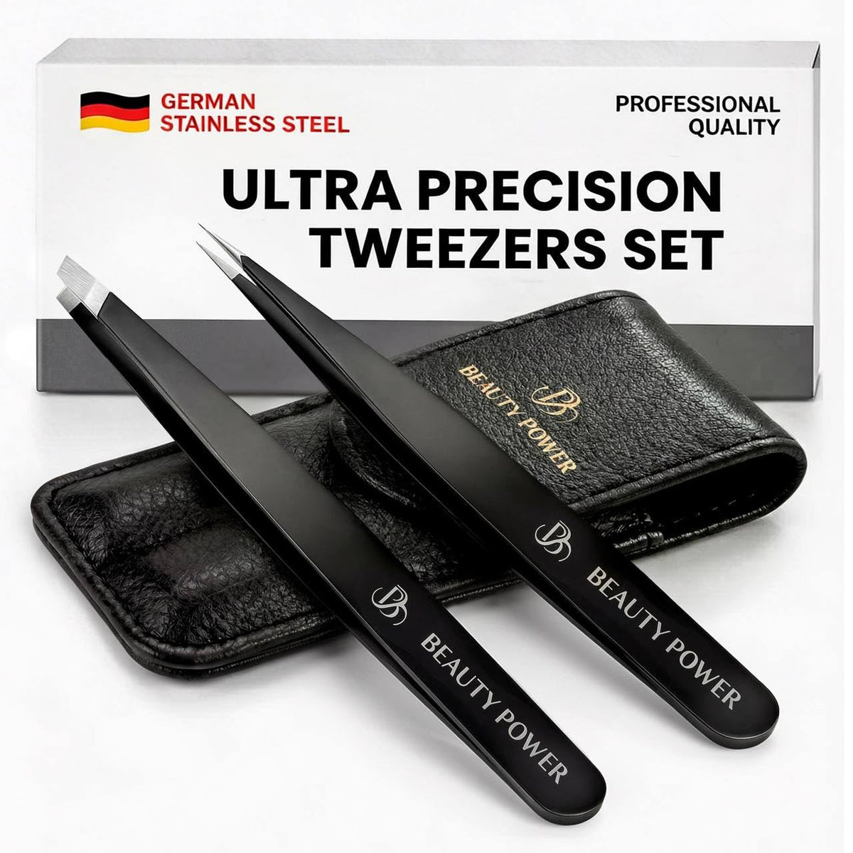 Beauty Power Precision Tweezers for Women Facial Hair & Men - Professional Tweezers Set with Slant & Point Tips, German 