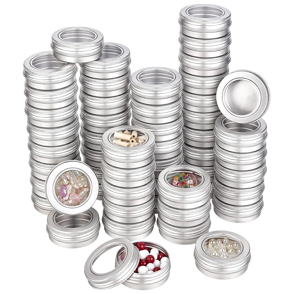BENECREAT 50 Pcs Metal Tin Cans with Clear Top, 1 Oz/30ml Roud Aluminum Metal Tins Empty Containers for Cosmetics Beads 