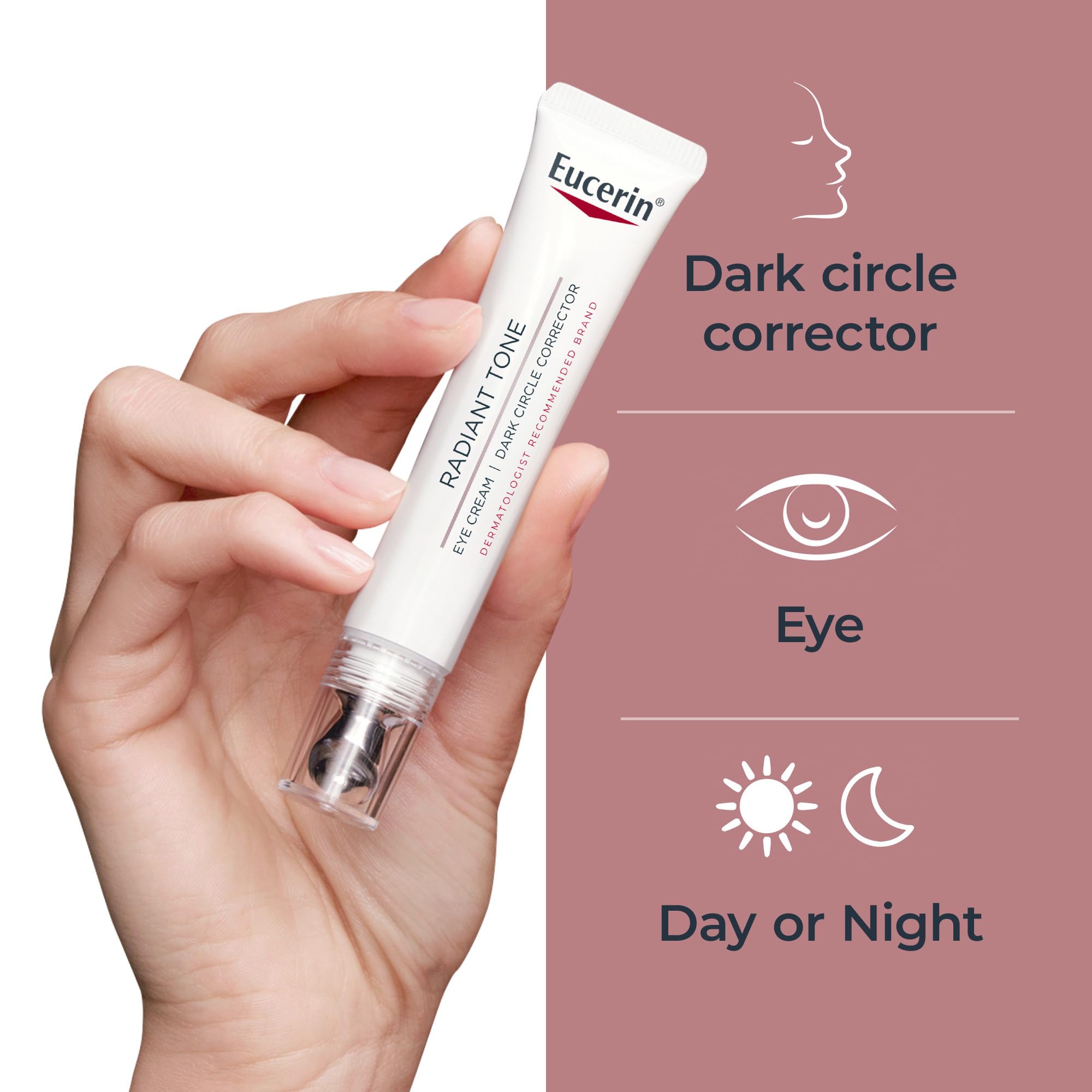 Eucerin Radiant Tone Eye Cream with Thiamidol and Hyaluronic Acid in a 0.5 oz tube, designed to brighten skin and reduce puffiness.