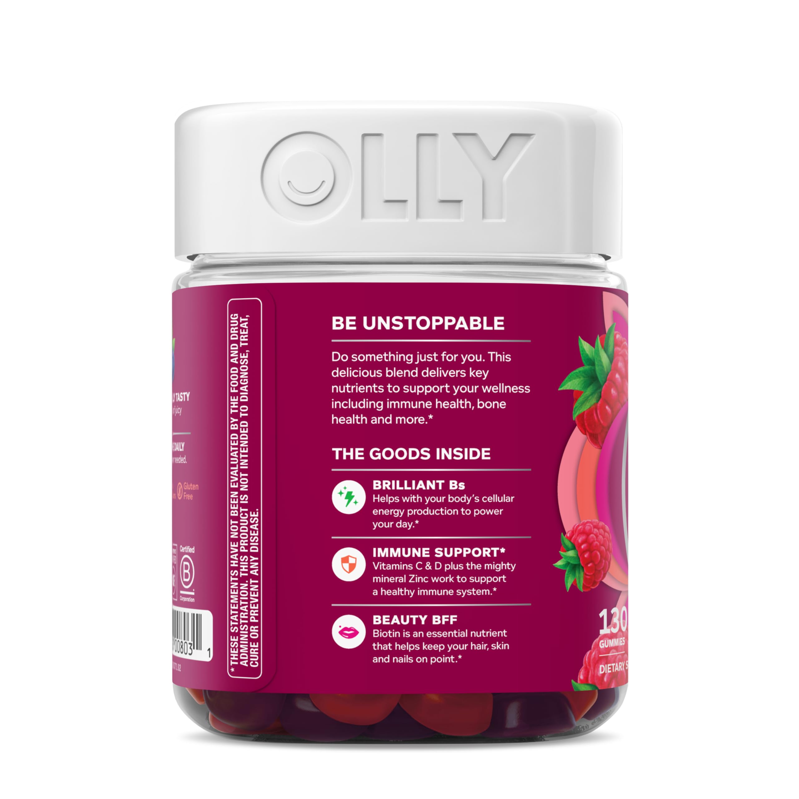 OLLY Women's Multivitamin bottle showing 130 count, supporting overall wellness with biotin for healthy hair, skin, and nails.