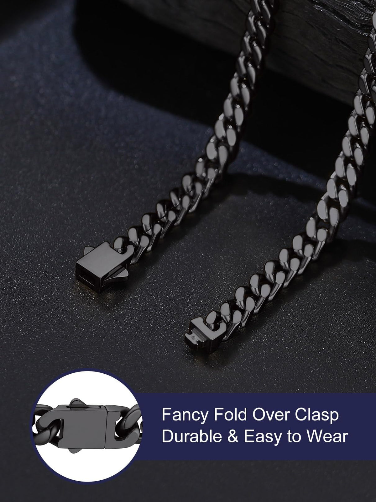 Bandmax Men's Premium Solid Stainless Steel Miami Cuban Link Chain Necklace – close-up detail in 03 5MM-Black Plated