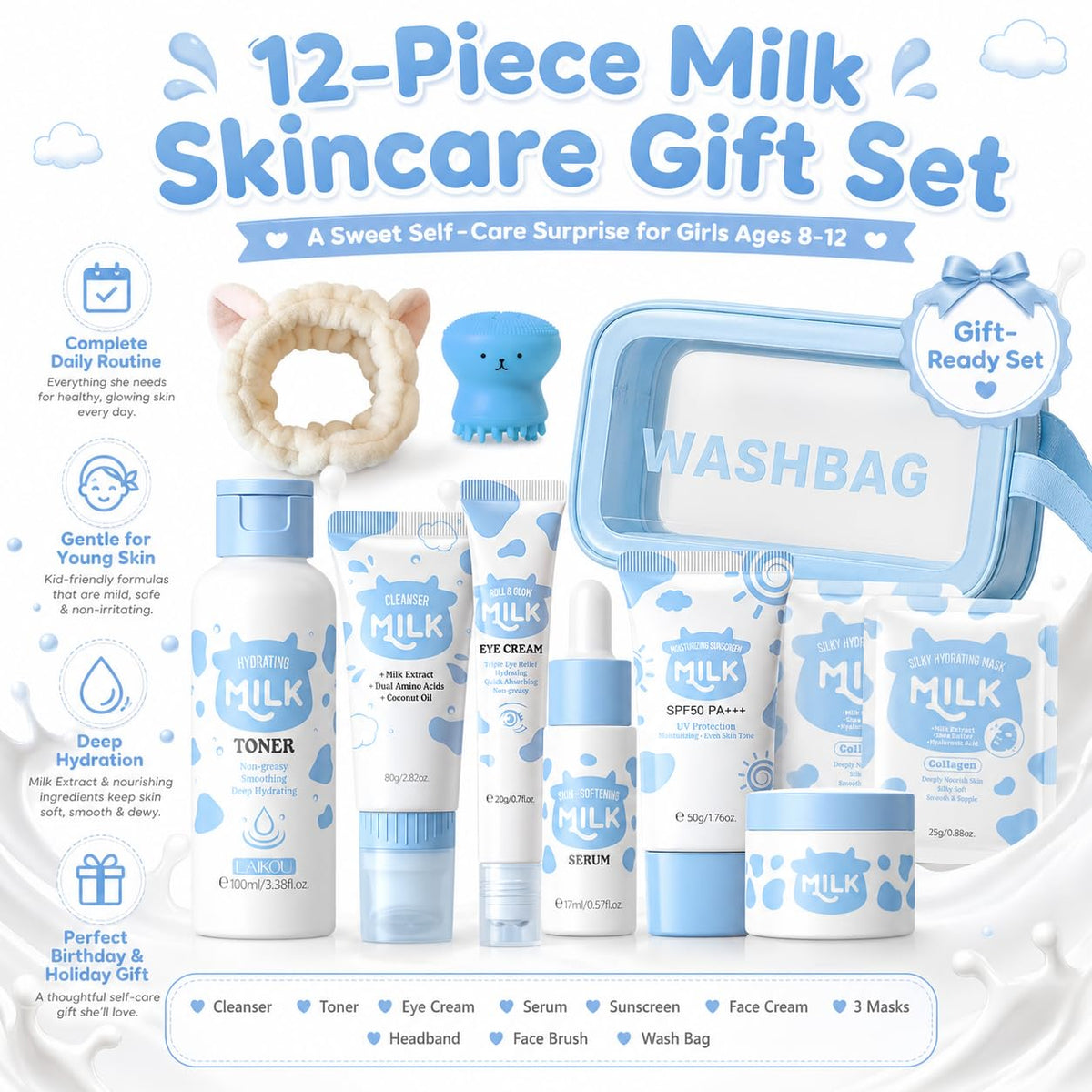 MrCuvaryas Milk Skin Care For Kids Teens Gift Set - Skin Care Set For Girls Ages 8-12 - Skincare For Teens 10-12 - 12 In