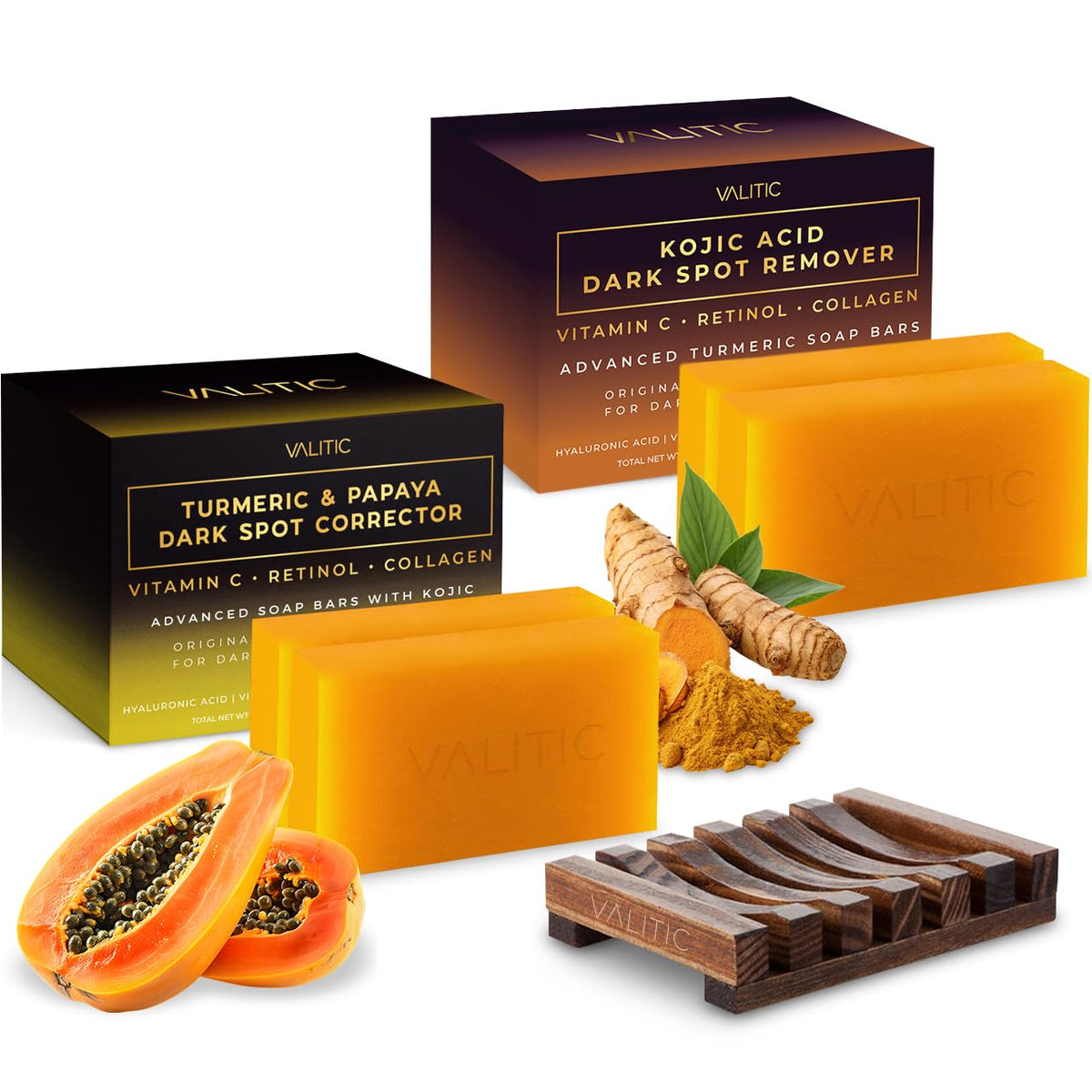 VALITIC Papaya and Turmeric Kojic Acid Soap Bar for Dark Spots, 4 Pack – product photo (Soaps)