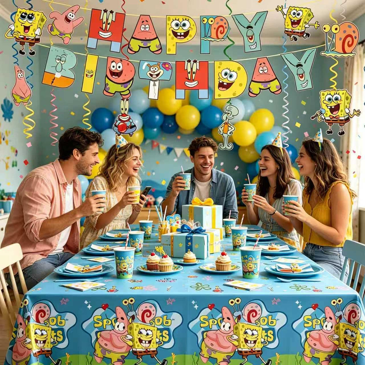 ZyNolimt 118 Pcs SpongeBob Birthday Party Supplies Set, anime Theme: 1Banner, 20Cups, 6Hanging Swirls, 30(Spoons+Forks+K