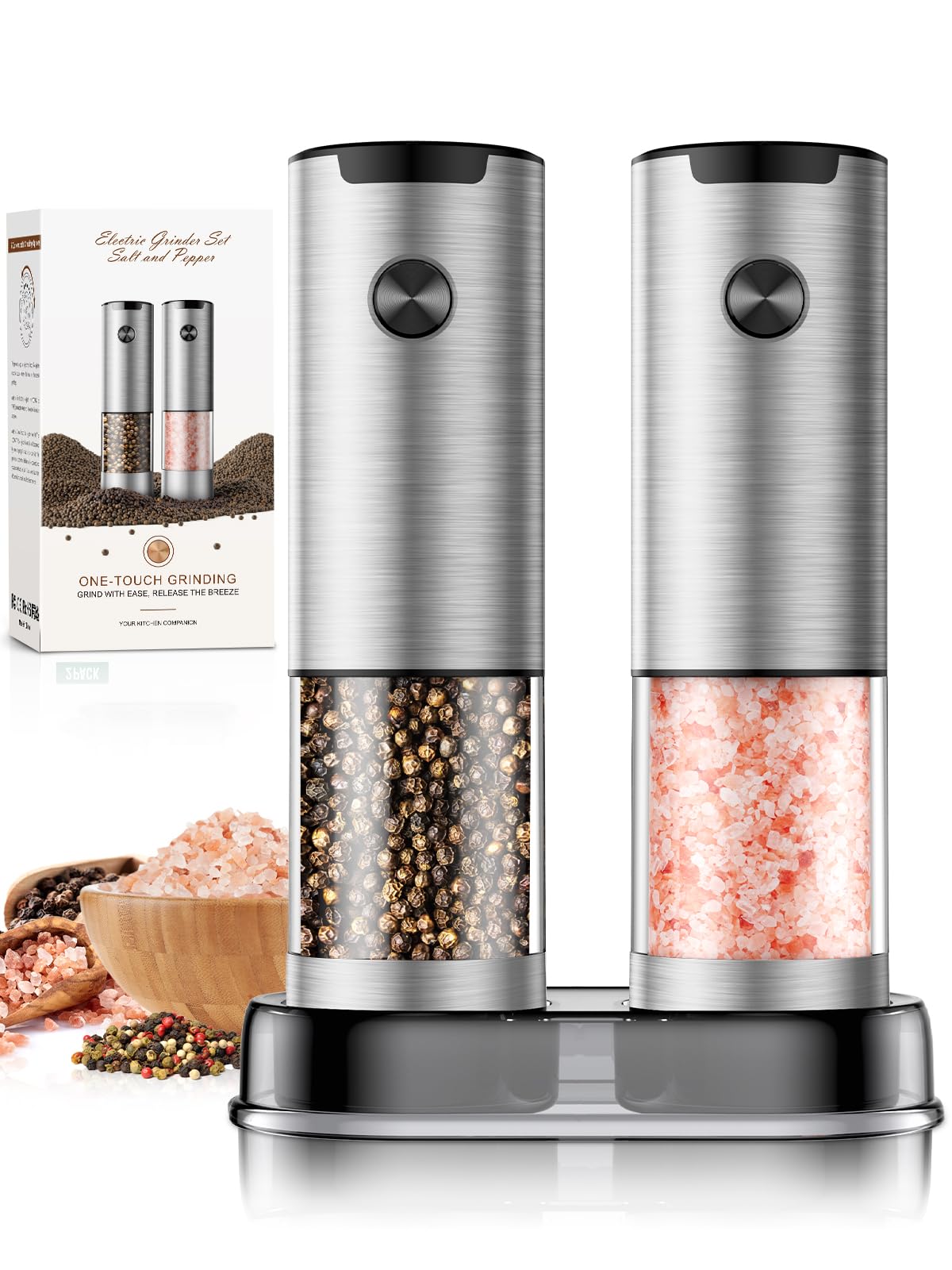 ioion Electric Salt and Pepper Grinder- Automatic Battery Pepper Mill Shakers Kitchen Essentials for New Home Adjustable