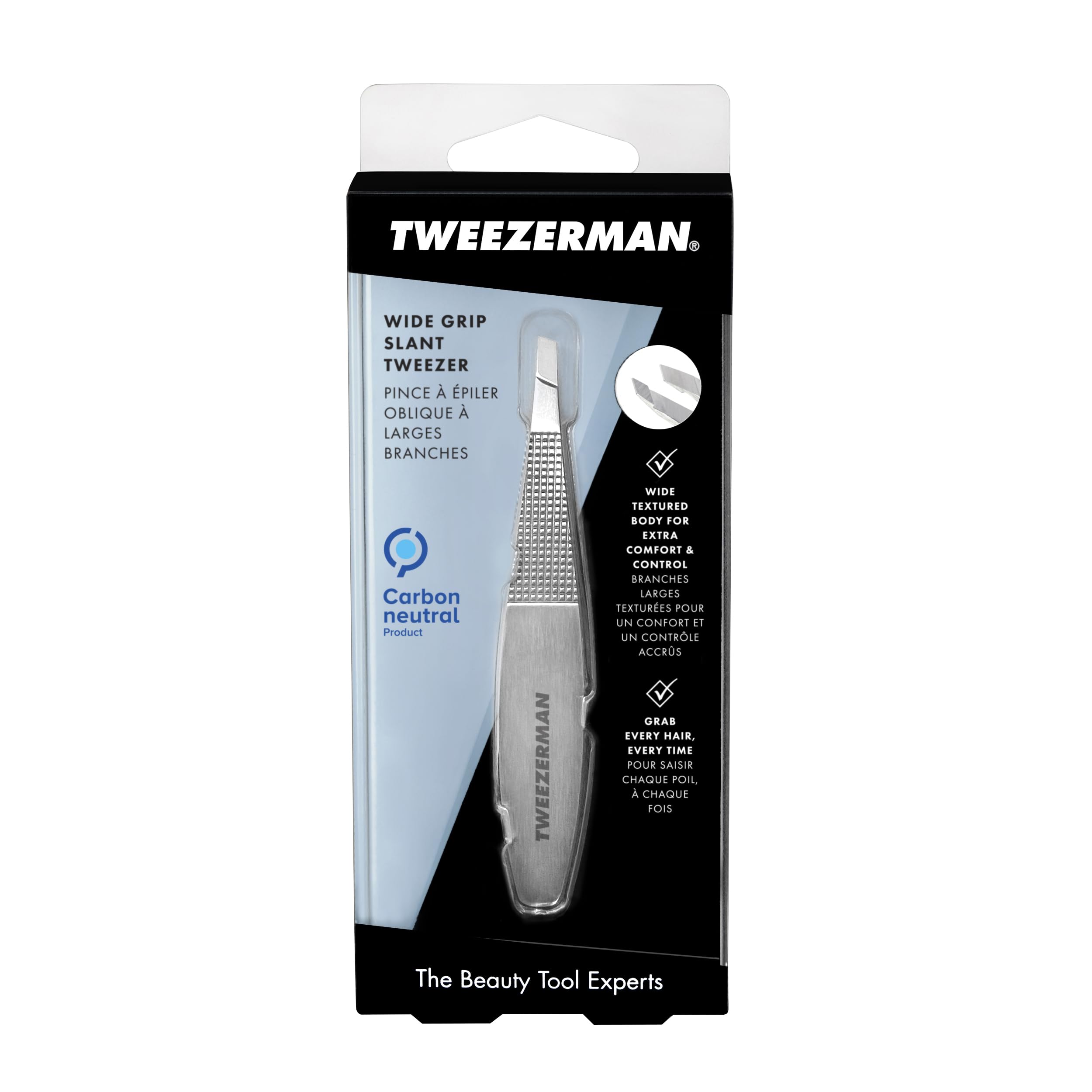 Stainless steel Tweezerman Wide Grip Slant Tweezer with ergonomic design for precise eyebrow grooming and shaping.