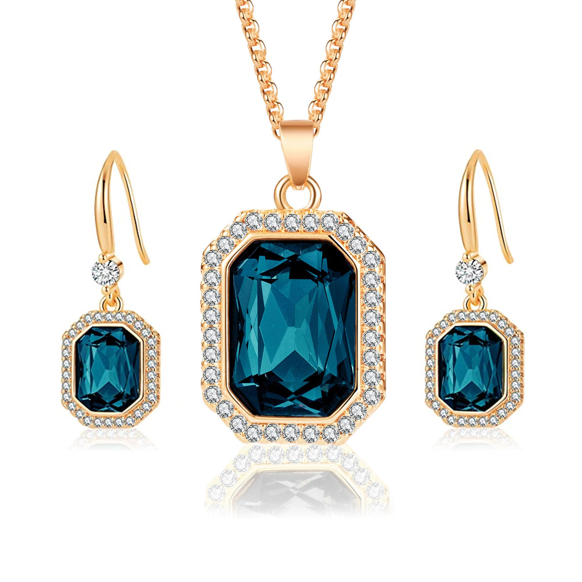 EVEVIC Austrian Crystal Halo Octagon Pendant Necklaces Earrings Set for Women 14K Gold Plated Fashion Dainty Hypoallerge