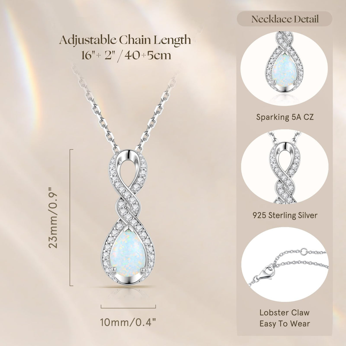 FANCIME Infinity Embrace Teardrop Birthstone Necklace for Women – back view and specifications