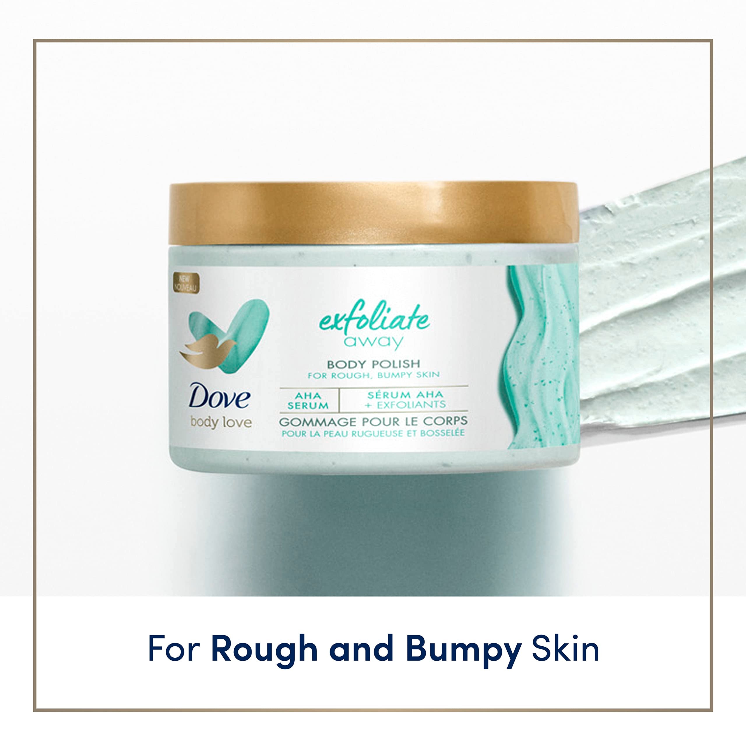 Dove Exfoliate Away Body Polish 3-pack, 12oz AHA scrub with creamy texture and exfoliating particles for smooth skin.