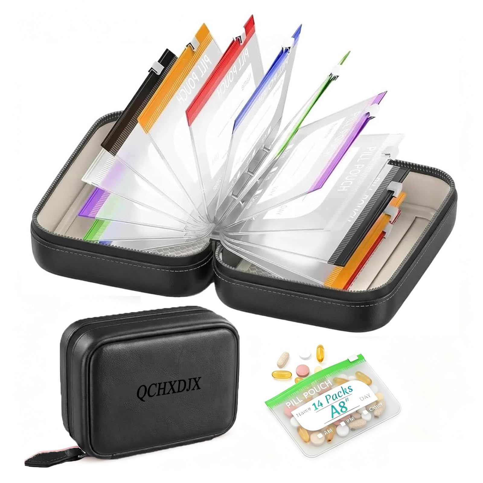 Waterproof Pill Pouch Set, 14 Color-Coded Reusable Zipper Pill - Product Imagery