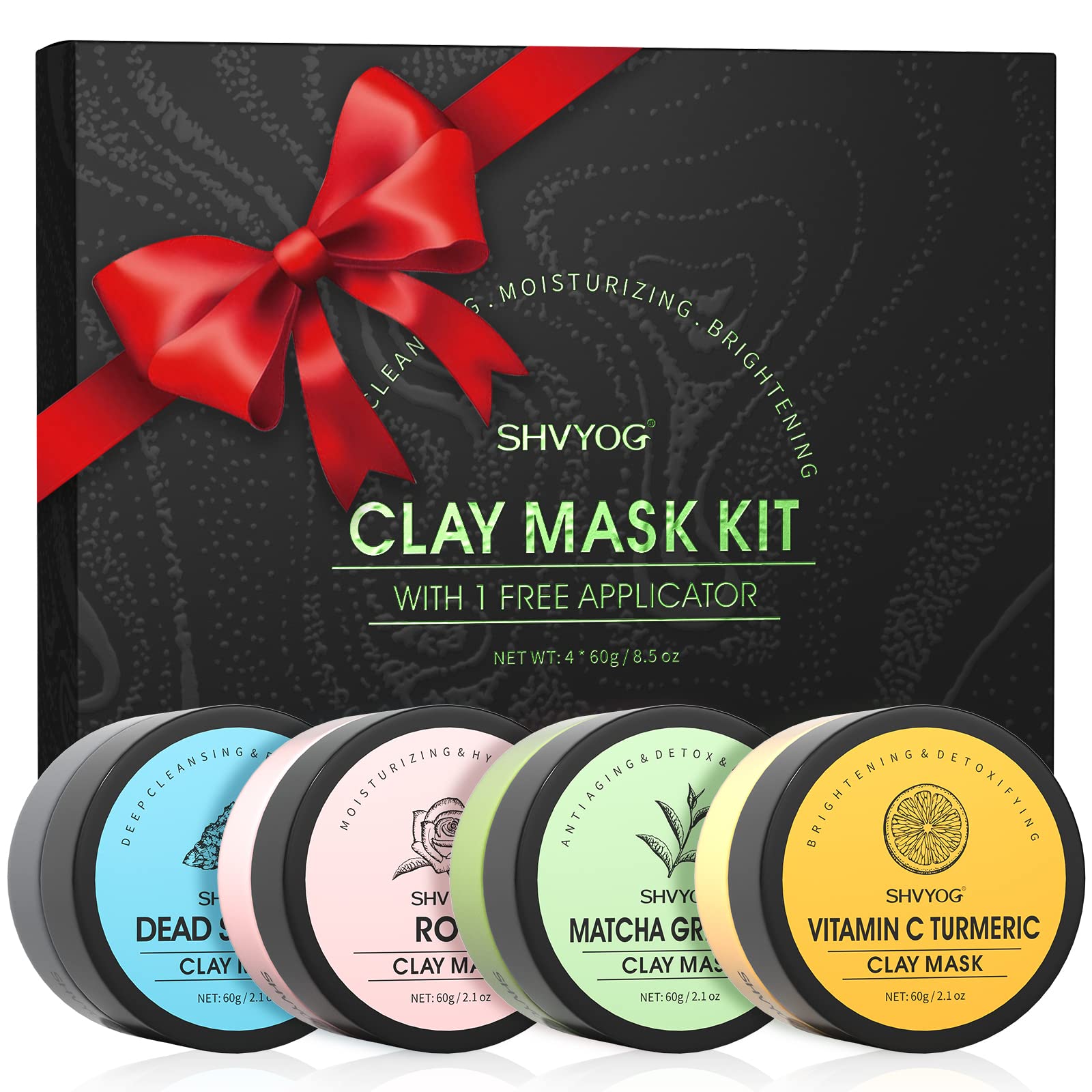 SHVYOG 4-piece face mask set with turmeric, vitamin C, green tea, rose, and Dead Sea mud masks for deep cleansing and pore refining.