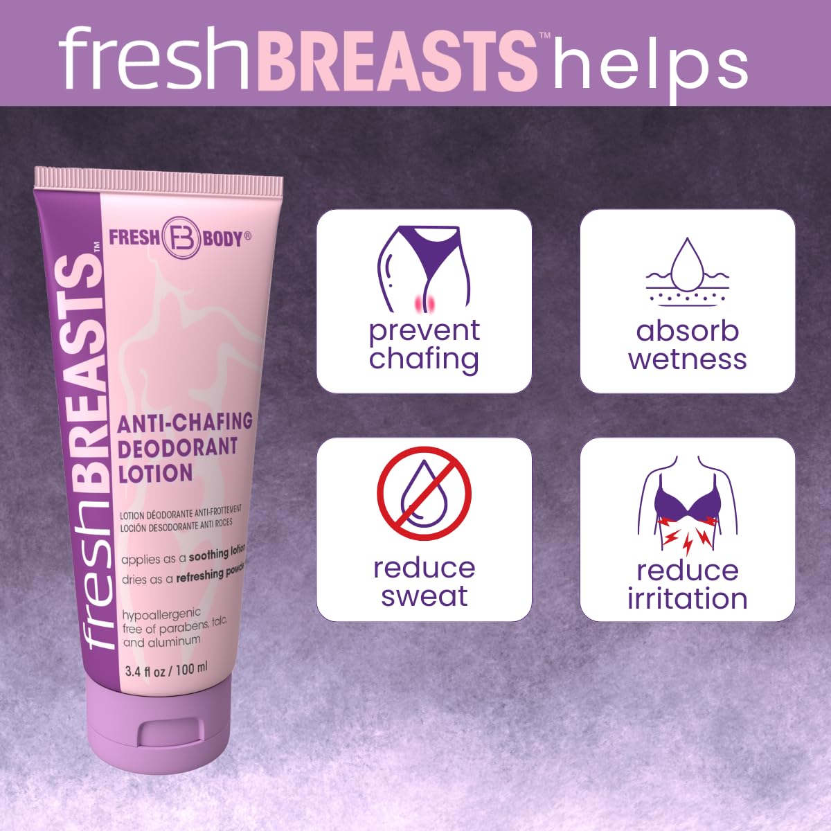 Fresh Body FB Fresh BREASTS Anti Chafing Deodorant Lotion to Powder, 3.4oz (2 Pack) - Anti Chafe Cream Whole Body Deodor
